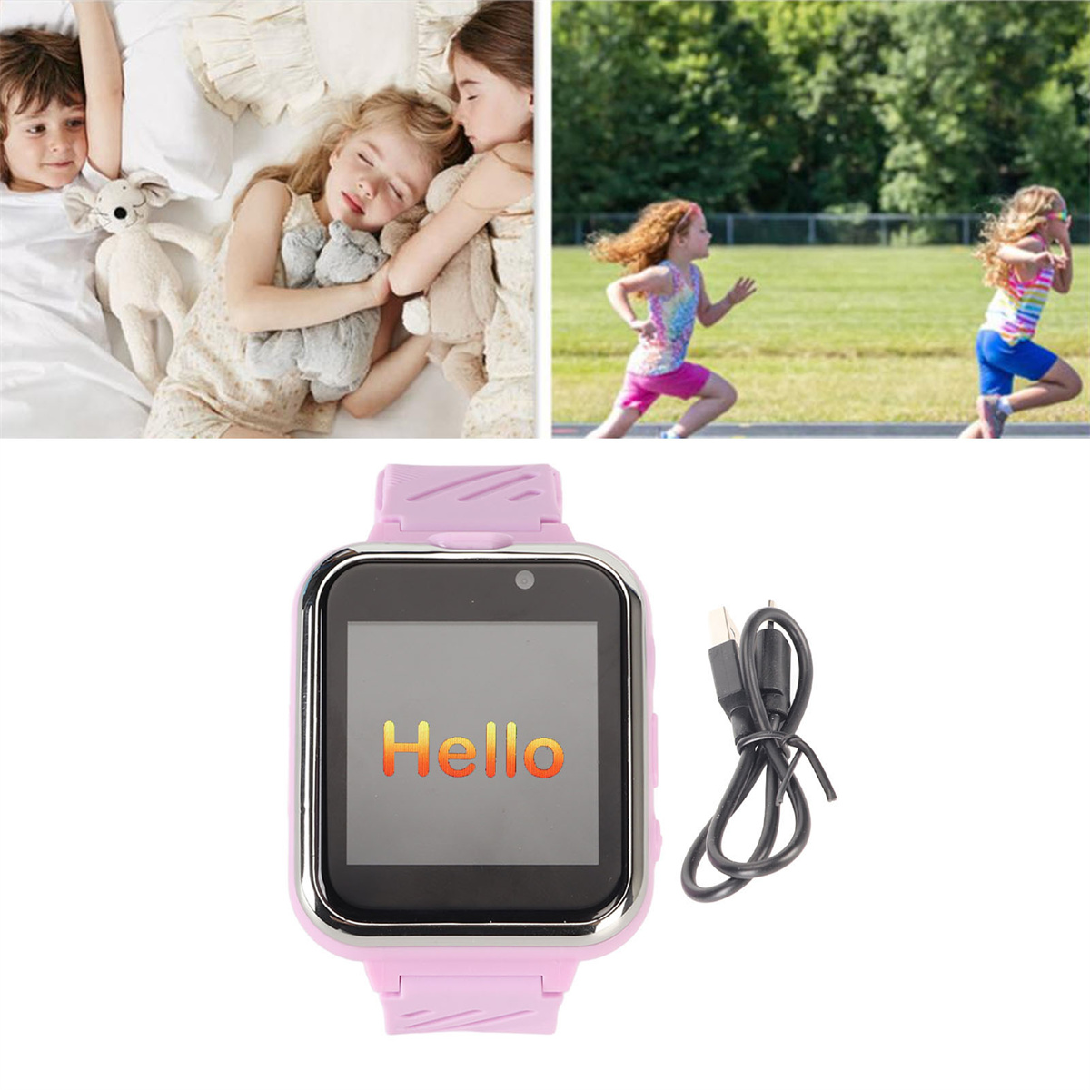 Oben: Kinder im Bett, rennen. Unten: pinke Smartwatch mit 'Hello'-Bildschirm und Ladekabel.