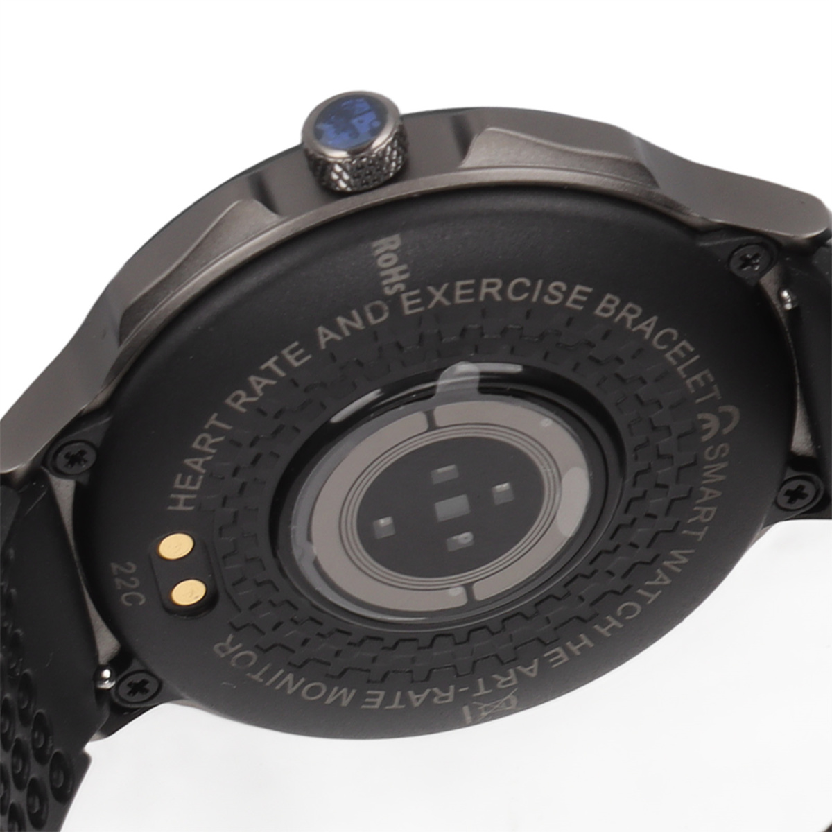 Rückseite einer schwarzen Smartwatch mit Sensoren und Text.