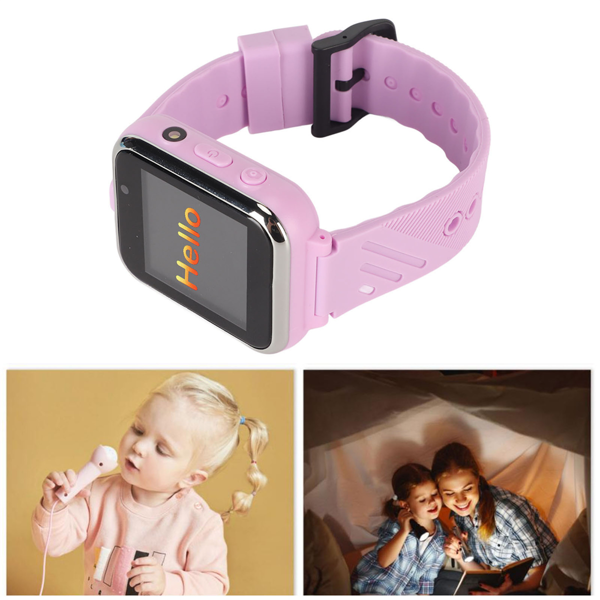 Rosafarbene Smartwatch mit 'Hallo' auf dem Bildschirm, mit einem Kind, das ein Mikrofon hält, und einem anderen mit einem Buch.