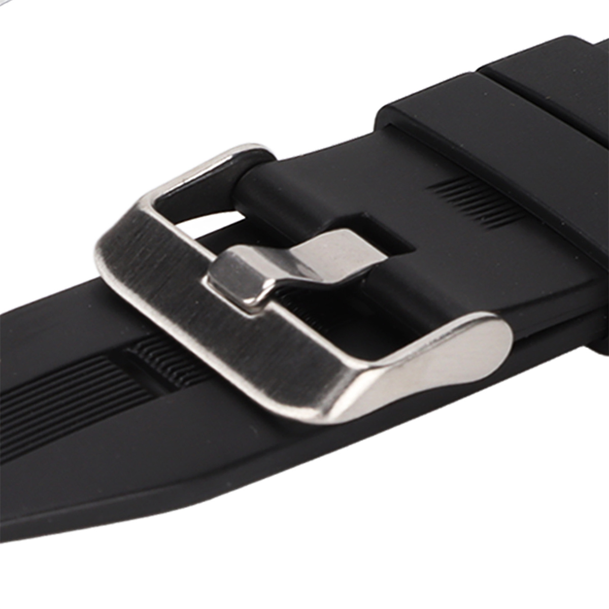 Nahaufnahme eines schwarzen Uhrenarmbands mit Metallschnalle.