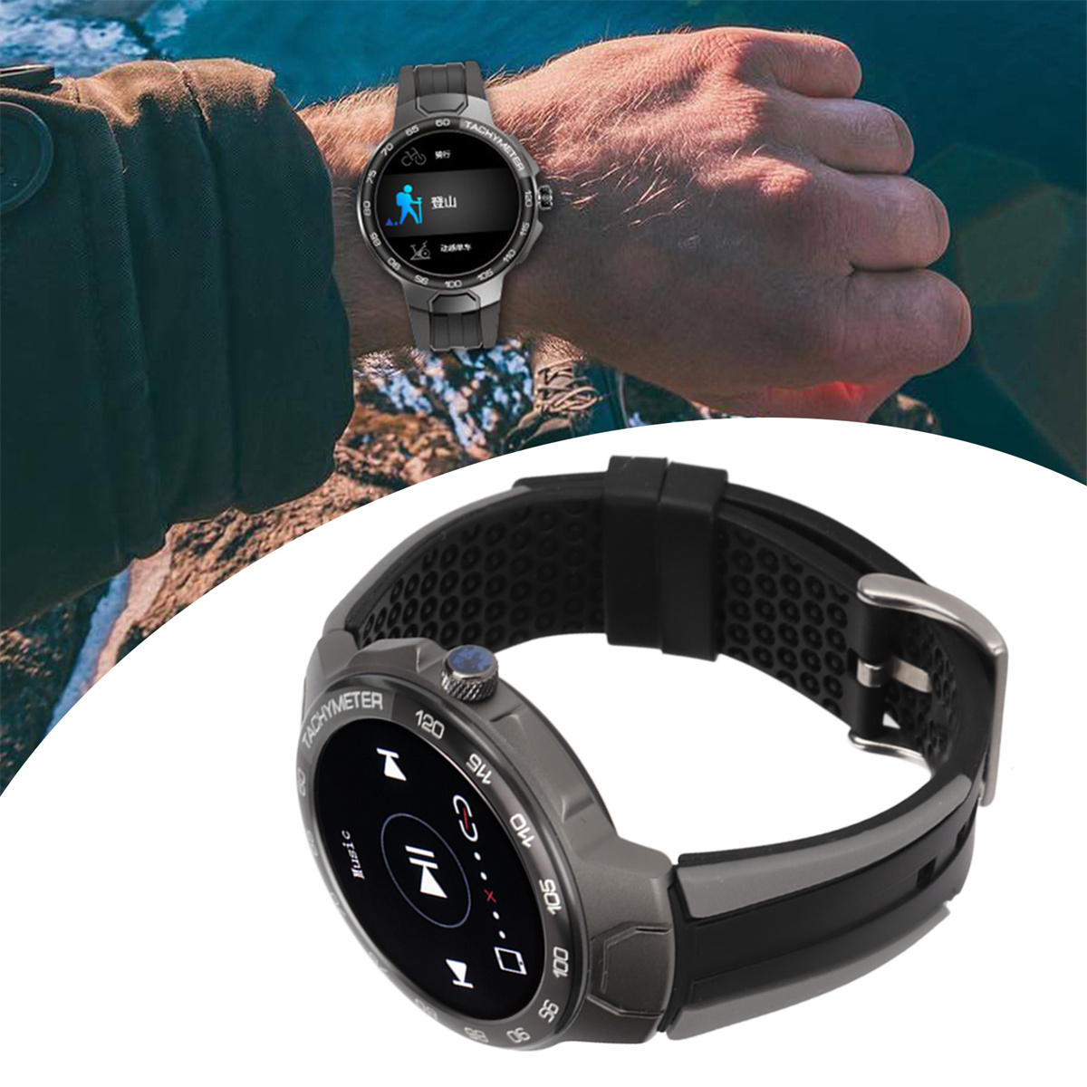 Armbanduhr mit zwei Ansichten. Eine am Handgelenk, Nahaufnahme, schwarzes Armband.
