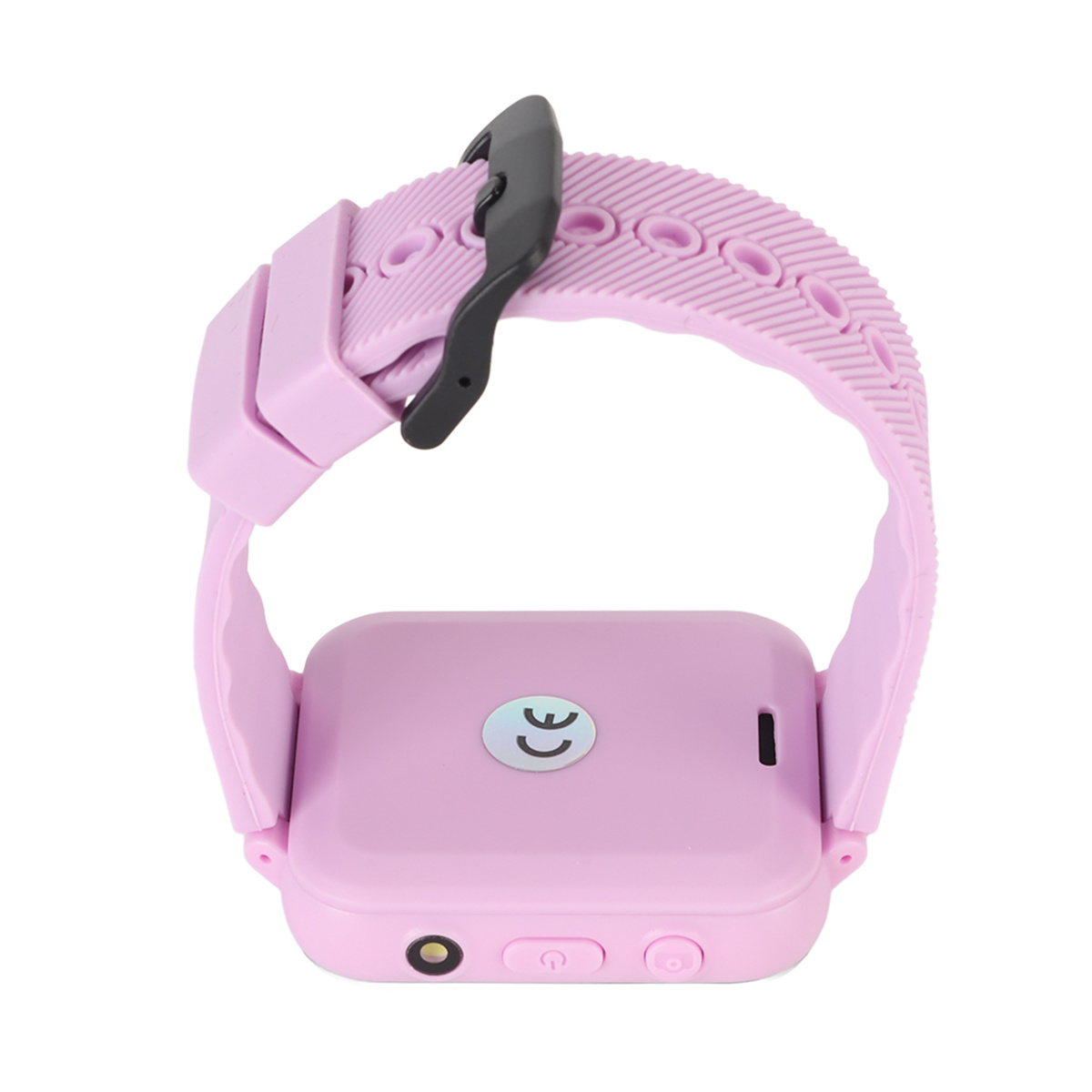 Eine rosa Smartwatch mit rosafarbenem Armband. Schwarze Schnalle und Knöpfe sind sichtbar.