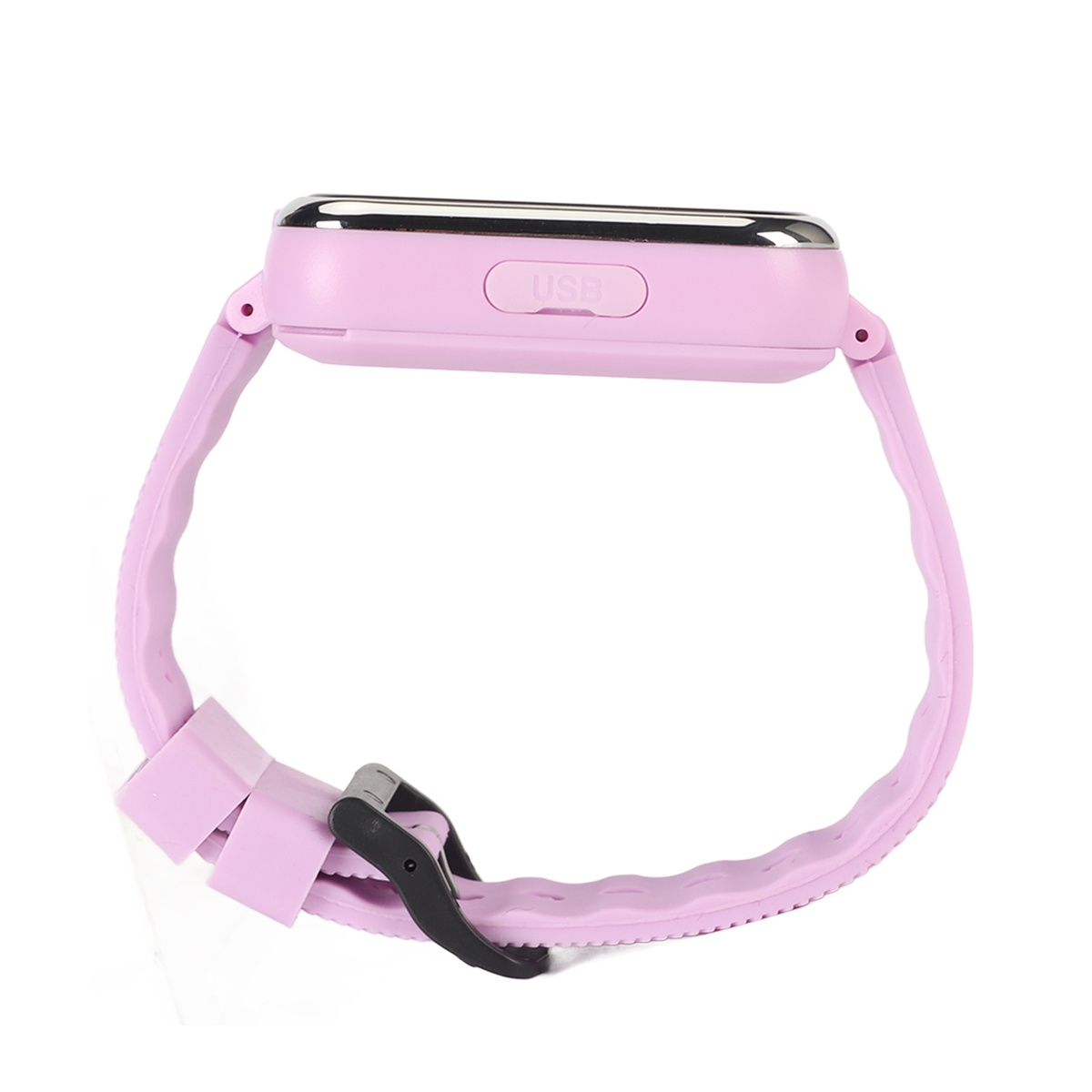 Rosafarbene Smartwatch mit rosa Armband, schwarzer Schnalle und USB-Anschluss, schräg auf weiß.