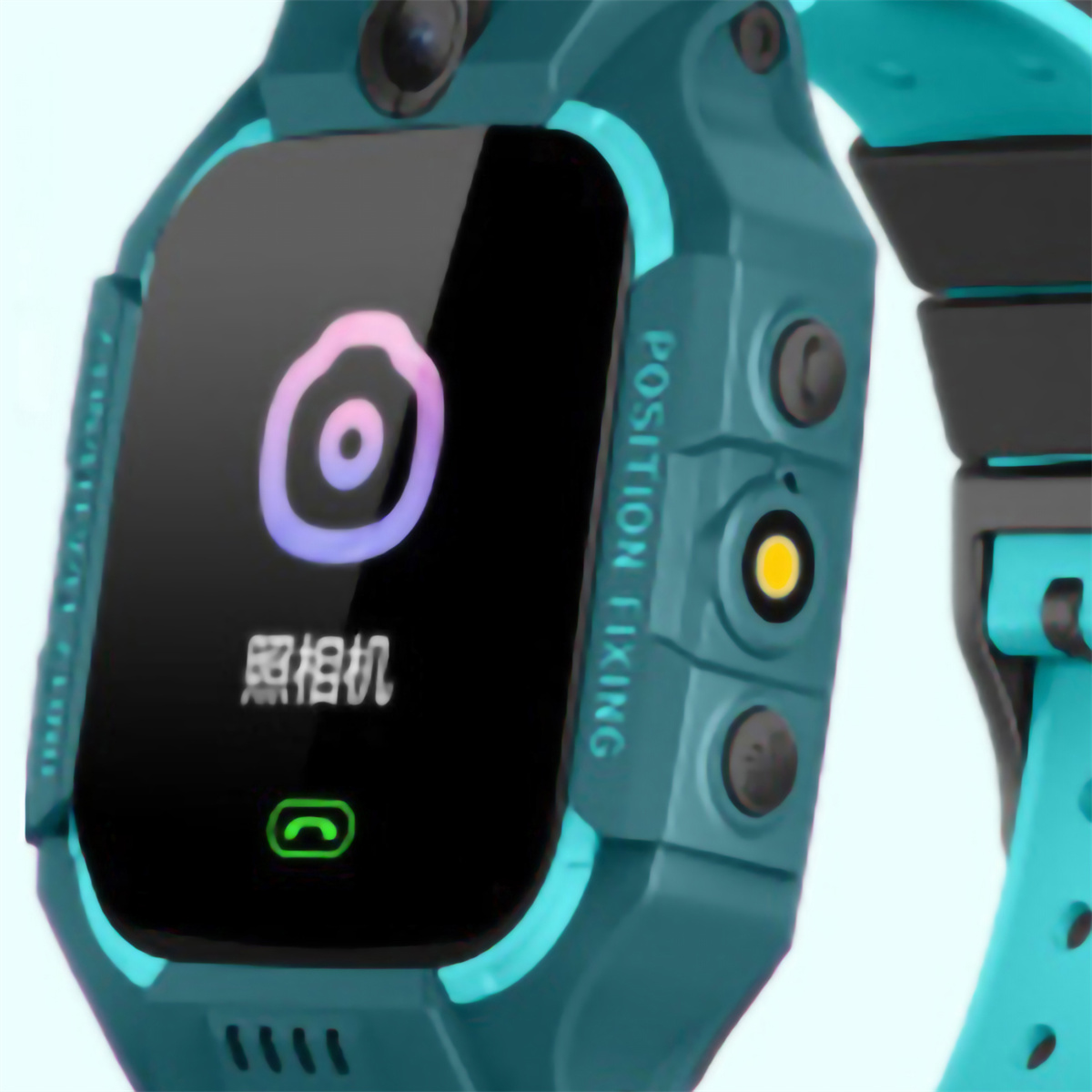 Smartwatch mit Kamera-Symbol auf dem Bildschirm, auf einer türkisfarbenen Uhr.