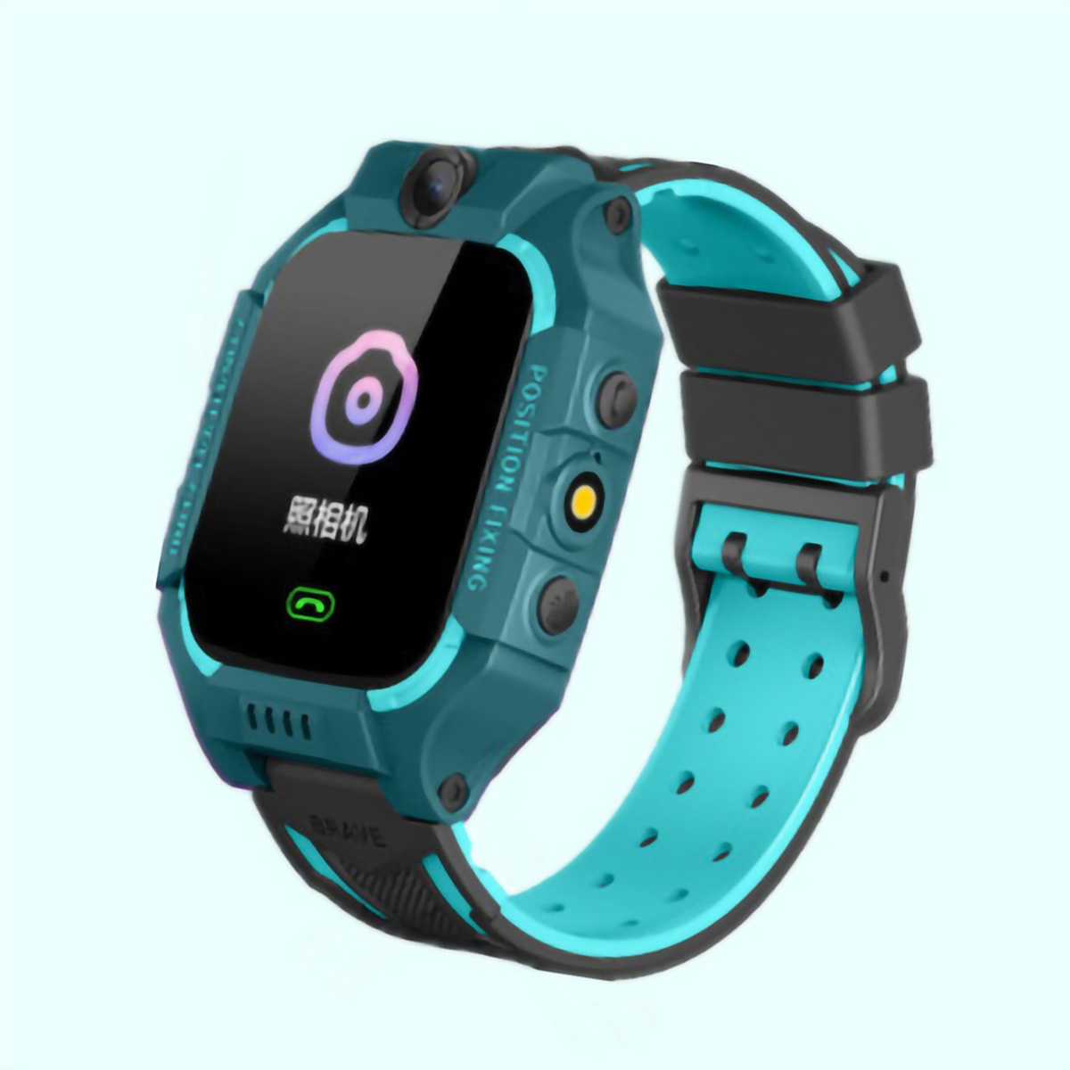 Smartwatch mit grün-blauem Armband. Zeigt Uhrzeit und Kamera-Symbol auf dem Bildschirm.