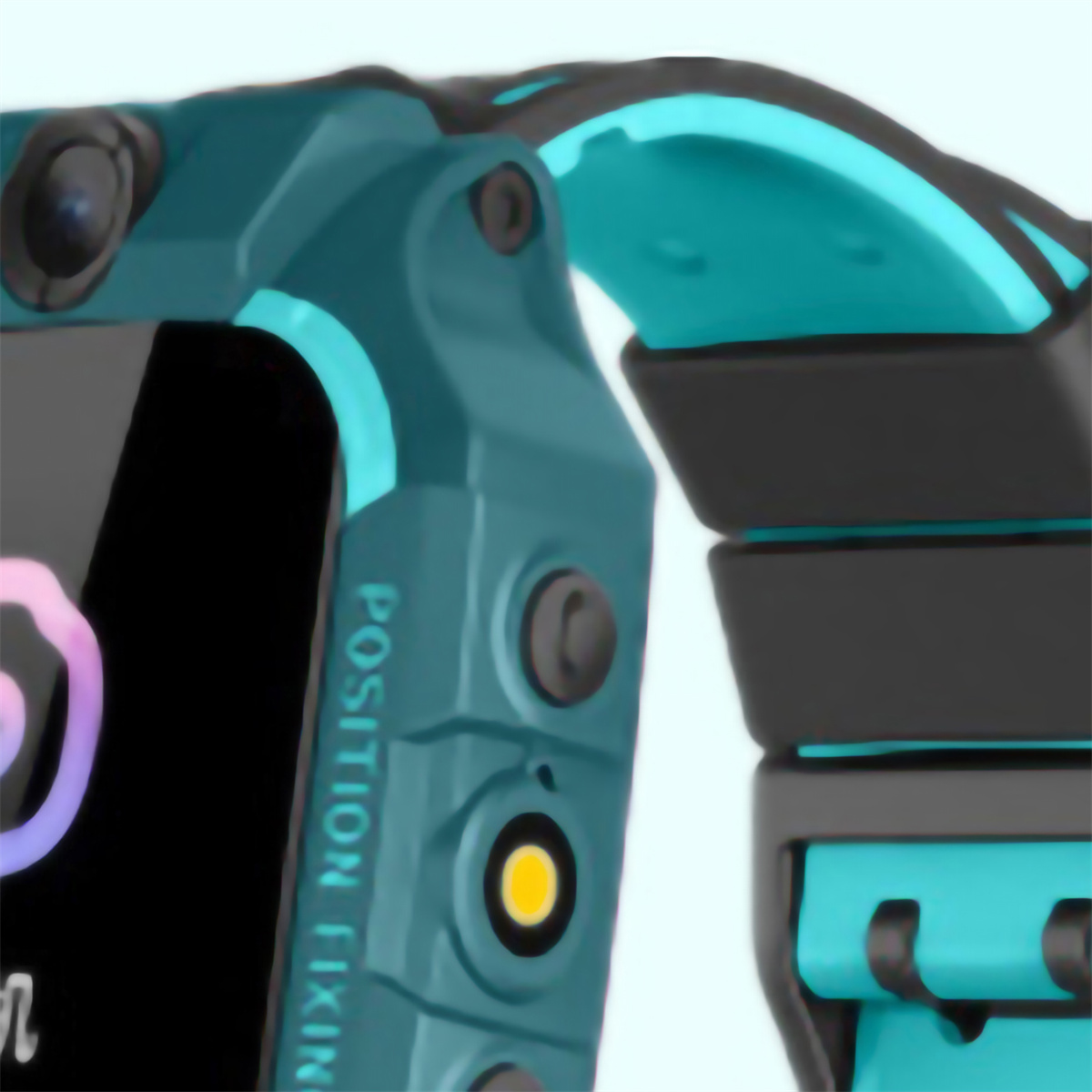 Nahaufnahme einer türkisfarbenen Smartwatch mit schwarzem Armband, Knöpfen und dem Wort 'POSITION FIXING'.