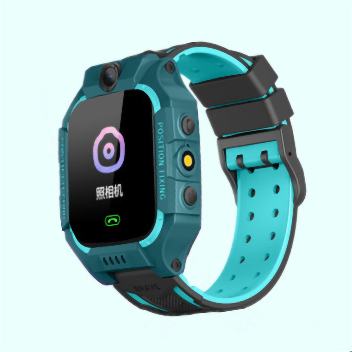Türkisfarbene Smartwatch für Kinder mit Touchscreen, Knöpfen und blauem Armband.