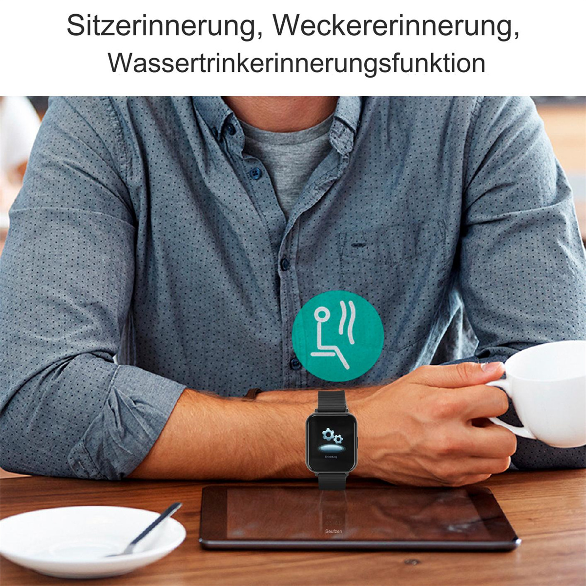 Eine Person trägt eine Smartwatch, die eine Einstellung für Wasser trinken und Sitzerinnerungen anzeigt.