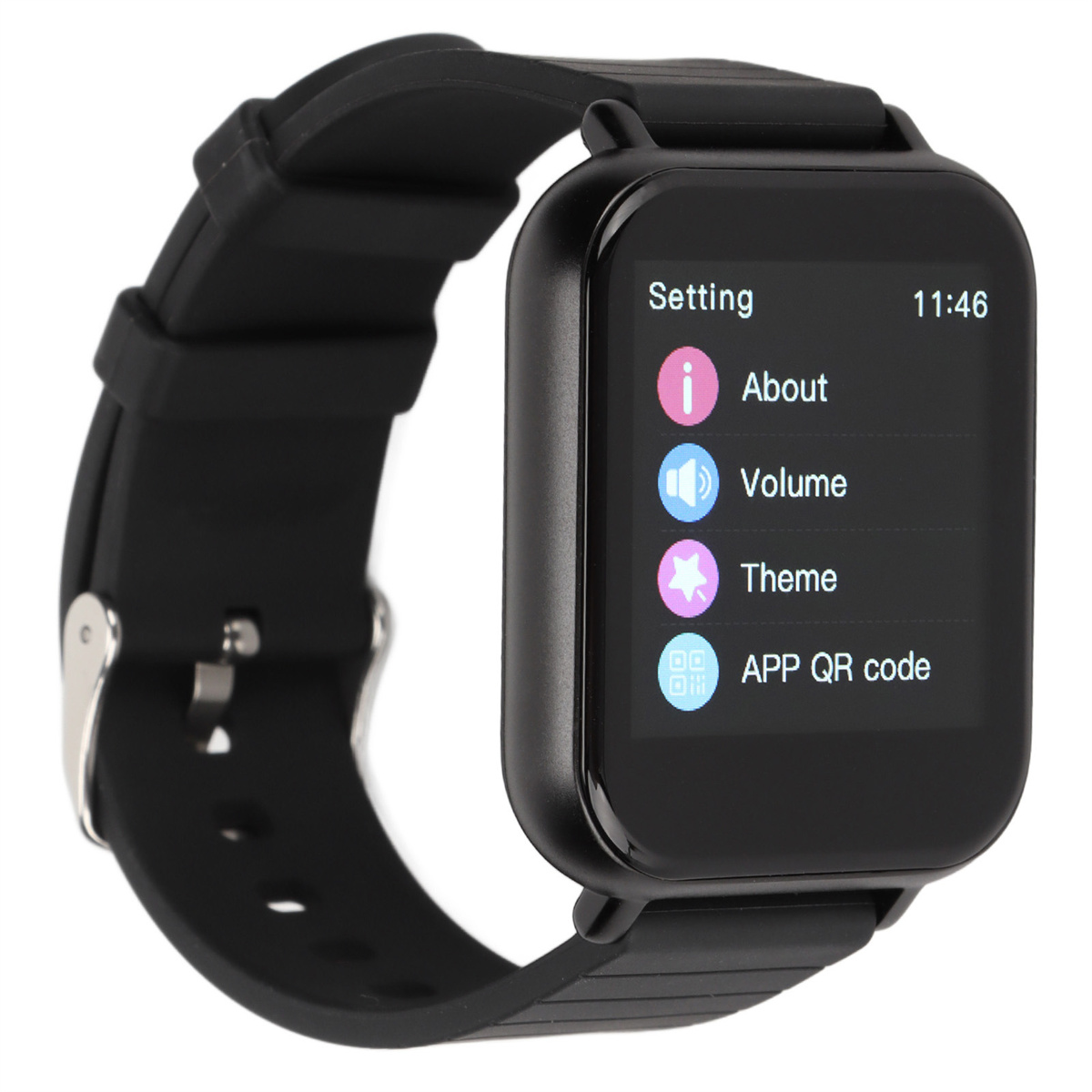 Eine schwarze Smartwatch mit einem Bildschirm, der Einstellungen anzeigt, darunter About, Volume, Theme und App QR-Code.