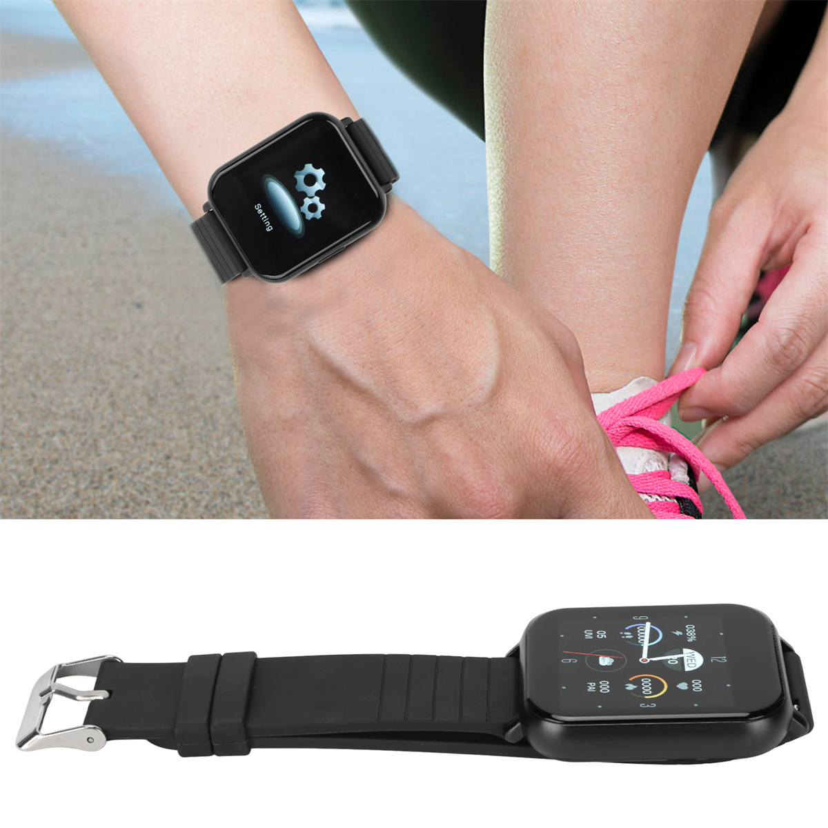 Person schnürt Schuh, trägt Smartwatch mit Einstellungssymbol. Zweites Bild ist Smartwatch-Ansicht.