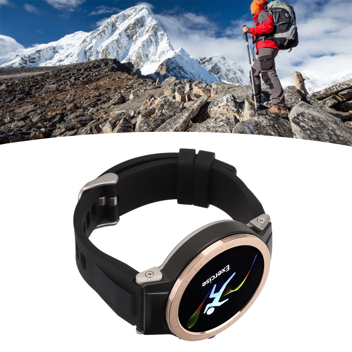 Schwarze Smartwatch mit Übungssymbol. Wanderer in roter Jacke vor Bergkulisse.