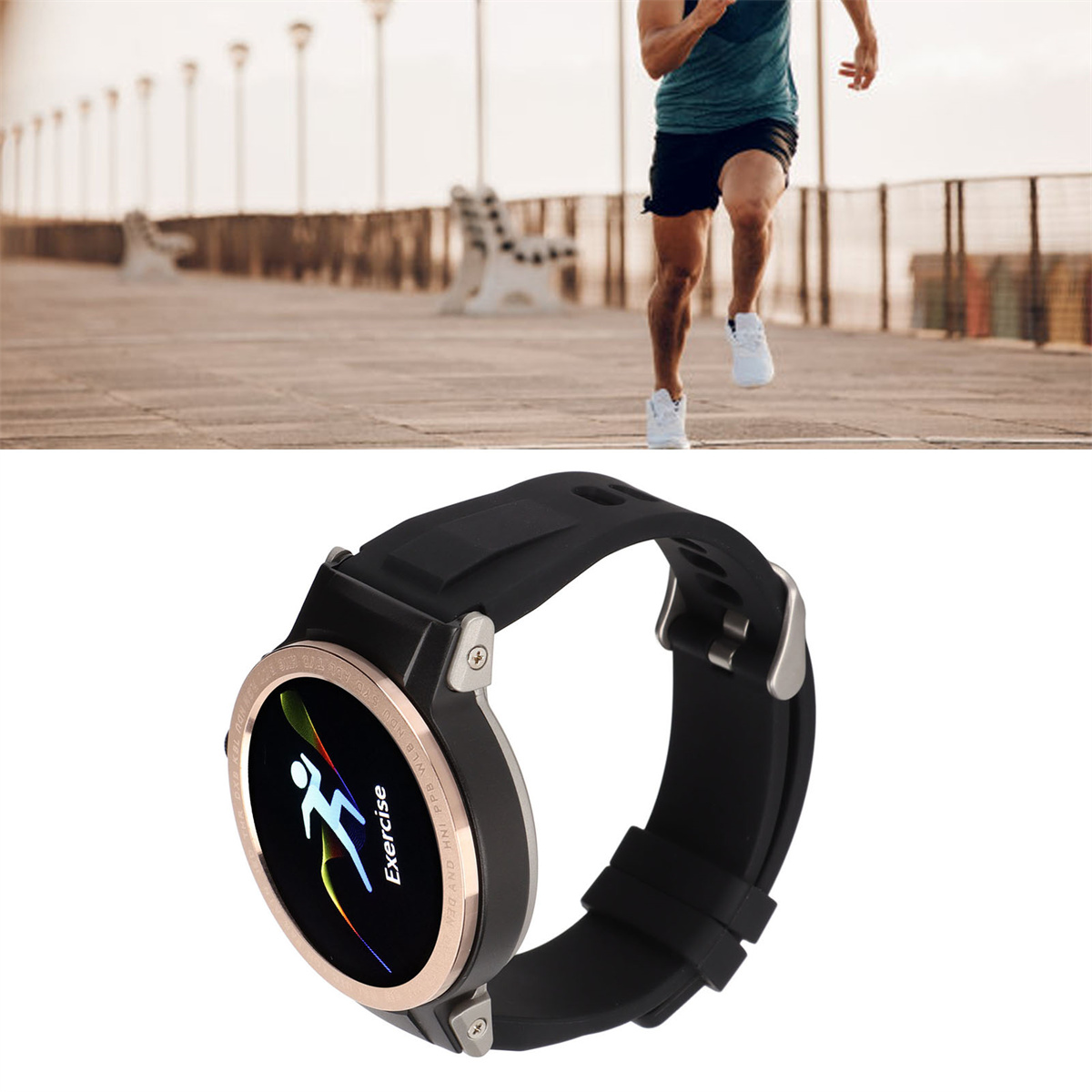 Mann joggt auf einer Promenade, eine Smartwatch mit Trainingsinfo im Vordergrund