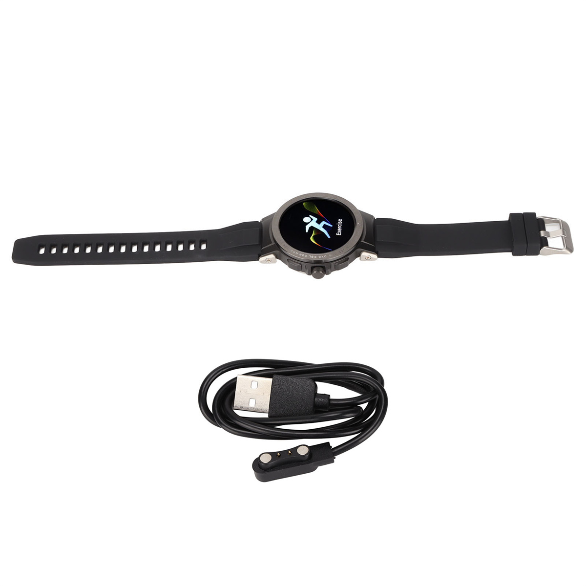 Eine schwarze Smartwatch mit schwarzem Armband und einem Ladekabel. Auf dem Bildschirm wird ein Trainingssymbol angezeigt.