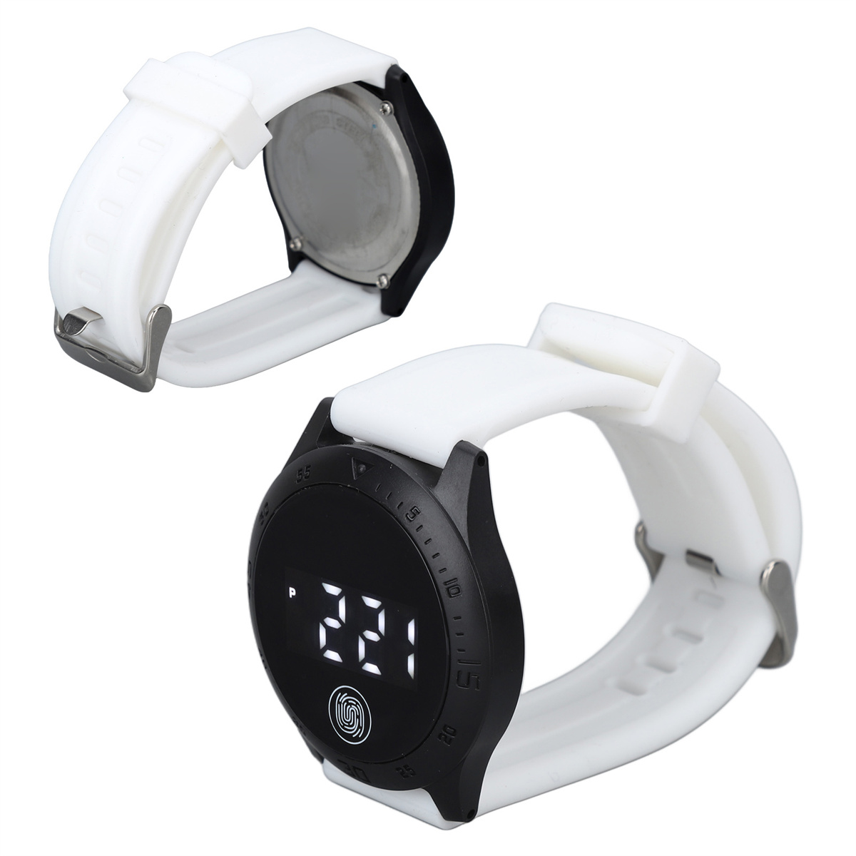 Smartwatch mit schwarz-weißem Design, zeigt die Uhrzeit und ein weißes Armband.