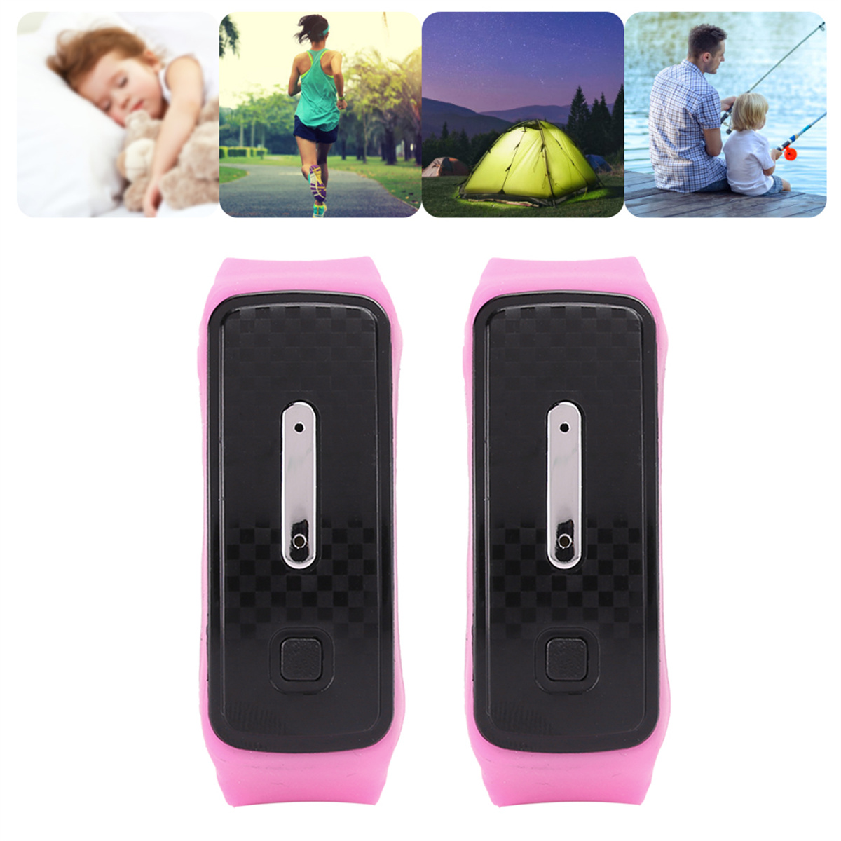 Zwei rosa Fitness-Tracker mit Aktivitätssymbolen im Hintergrund.