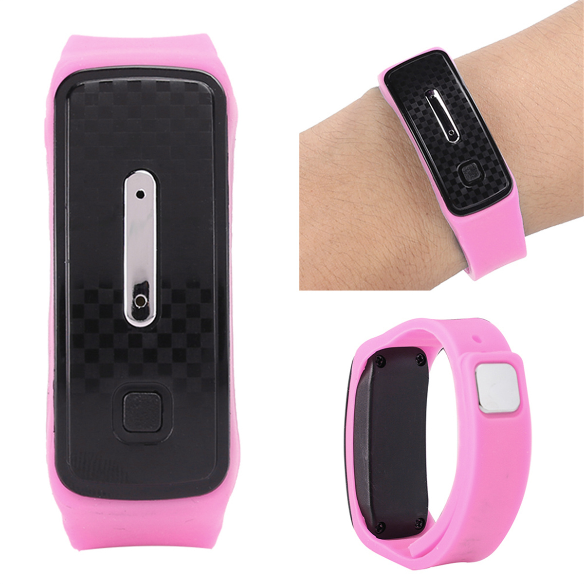 Pinkfarbener Fitnesstracker. Drei Ansichten: vorne, seitlich und am Handgelenk.