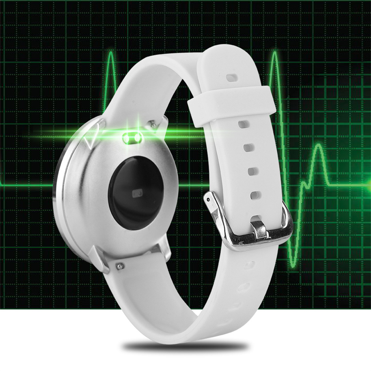 Weiße Smartwatch mit weißem Armband, Hintergrund Herzfrequenz-Diagramm.