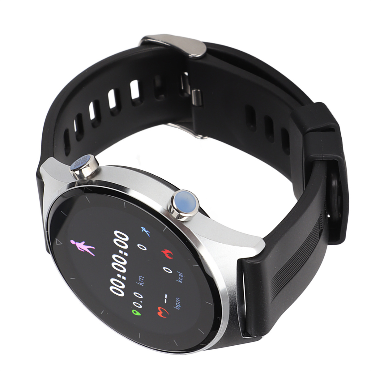 Smartwatch auf weißem Hintergrund, der Trainingsdaten anzeigt: Zeit, Distanz und Herzfrequenz.
