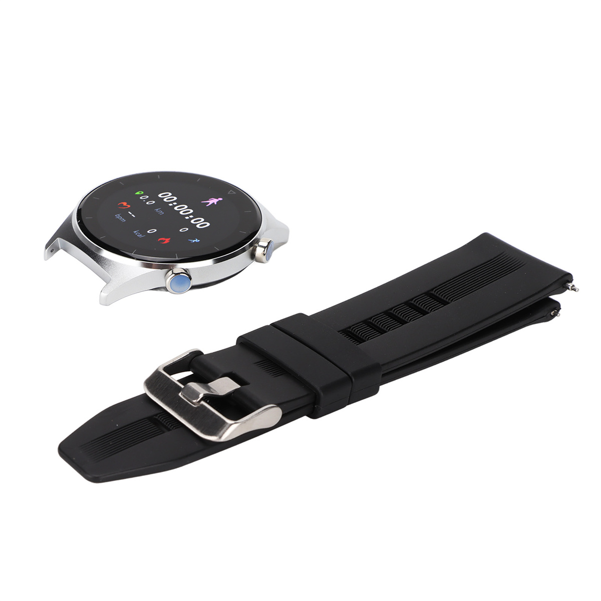 Eine Smartwatch und ein schwarzes Armband. Das Zifferblatt zeigt Daten an.