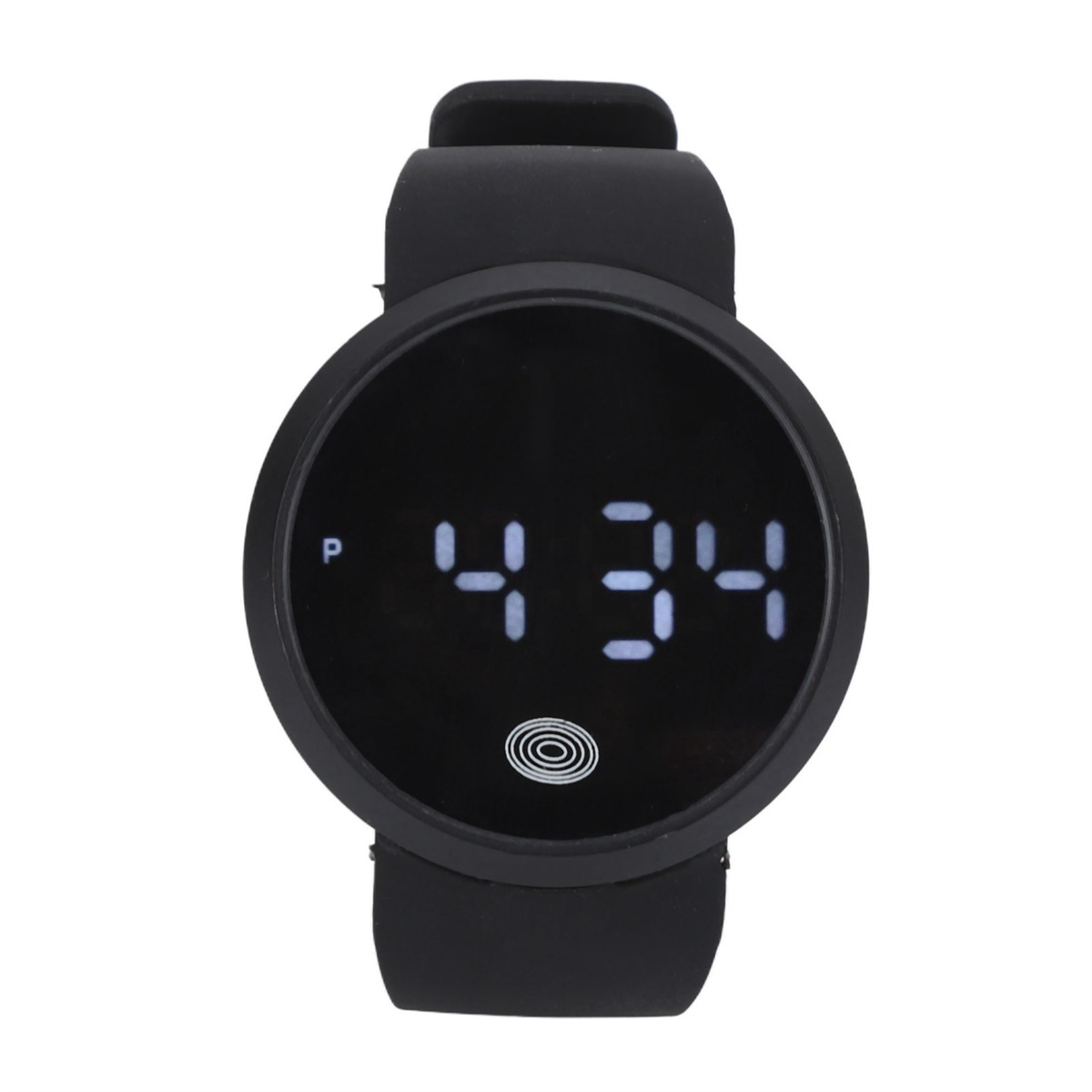 Eine schwarze Digitaluhr, die 4:34 anzeigt. Die Uhr hat ein rundes Zifferblatt und ein schwarzes Armband.