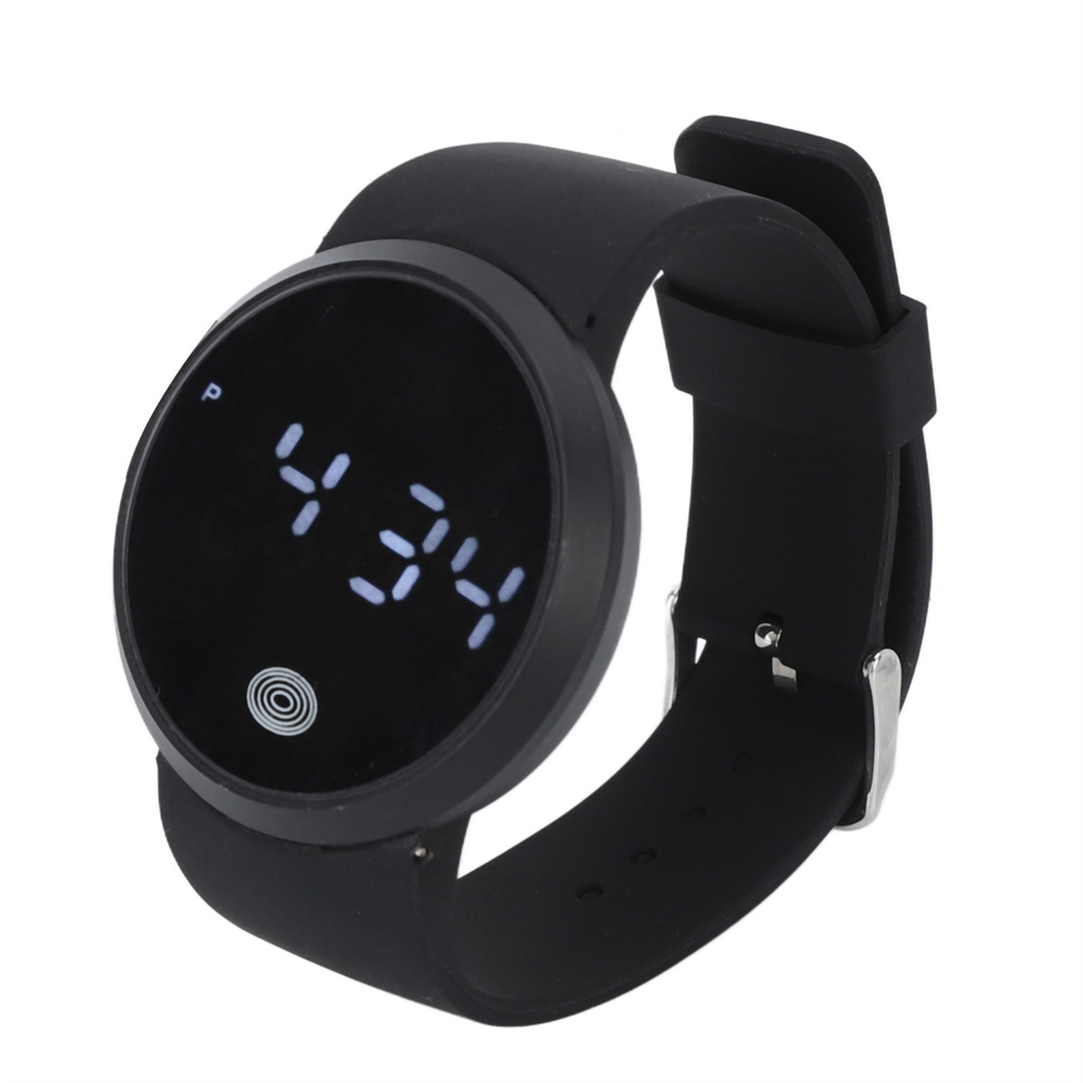 Eine schwarze, runde Smartwatch mit Digitalanzeige, die die Uhrzeit 4:34 anzeigt.