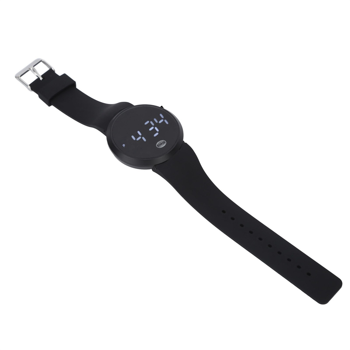 Schwarze Digitaluhr mit schwarzem Armband, zeigt 4:34. Sie liegt auf einer weißen Oberfläche.