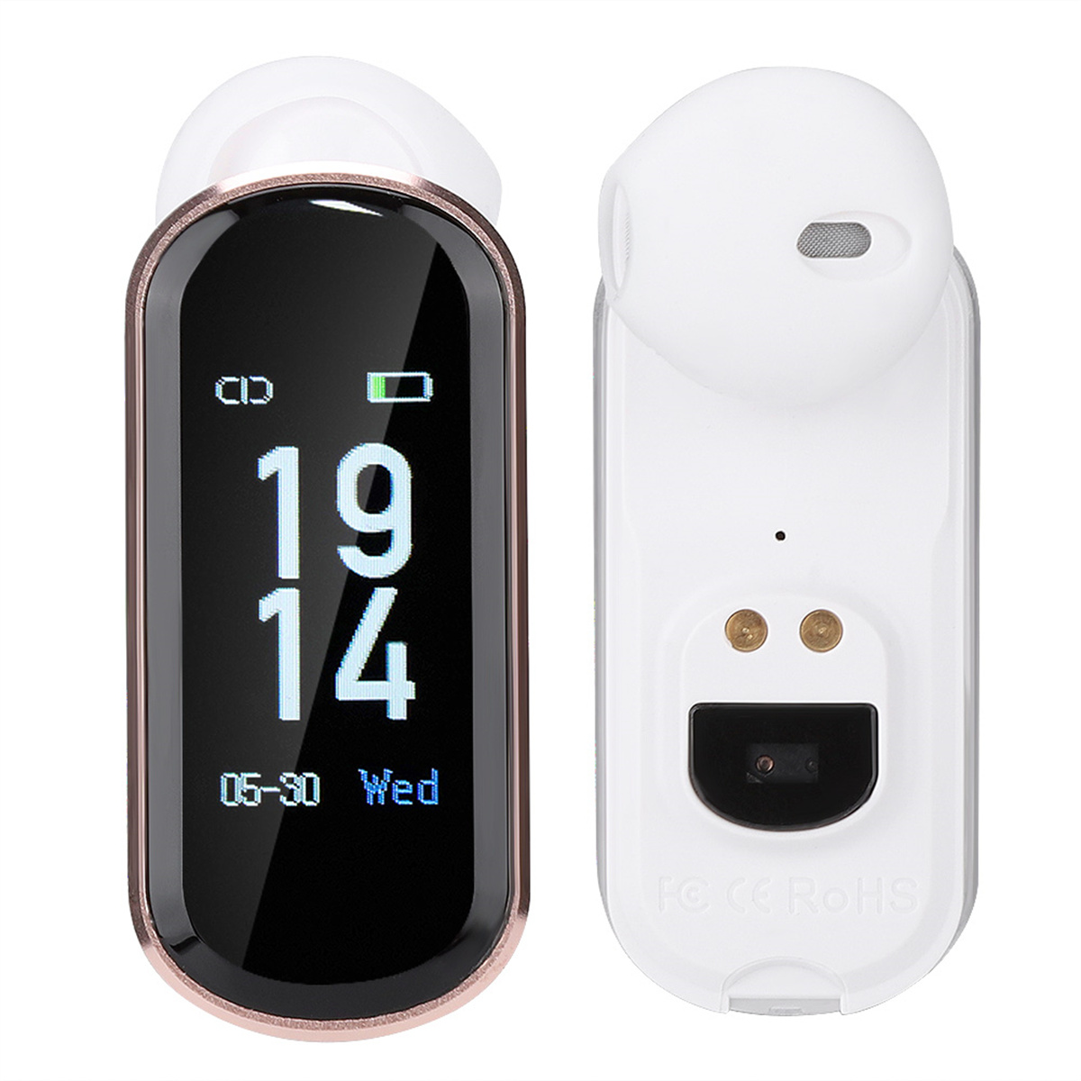 Eine weiße Smartwatch mit schwarzem Bildschirm, der Zeit und Datum anzeigt, mit einem weißen Ohrhörer daneben.