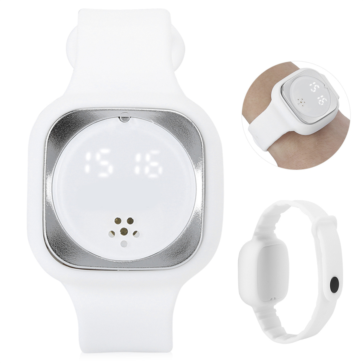 Weiße Smartwatch mit quadratischem Zifferblatt, zeigt Zeit und weißes Armband.