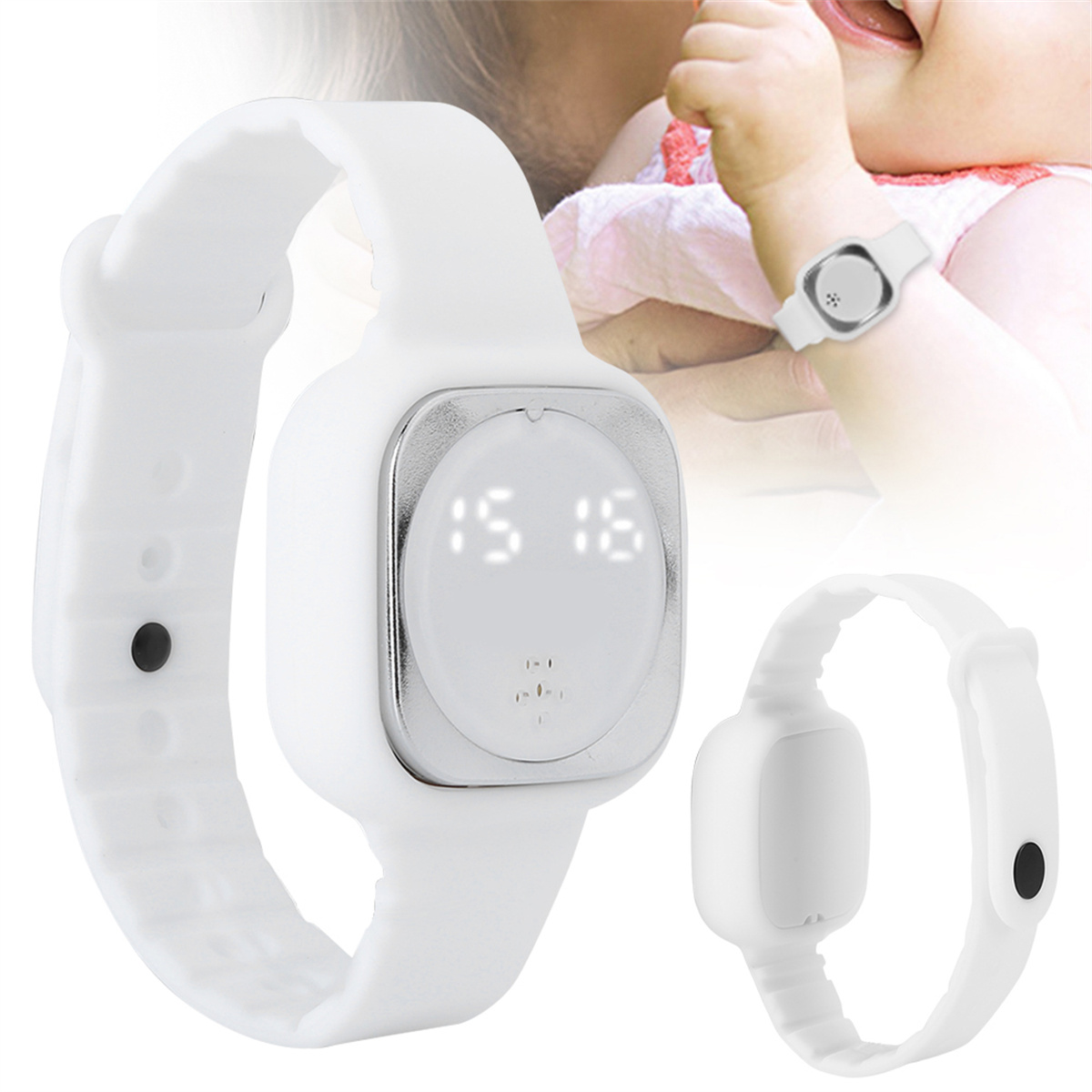 Zwei weiße Smartwatches, eine am Handgelenk eines Babys getragen. Die Uhr zeigt die Zeit und hat ein weißes Armband.