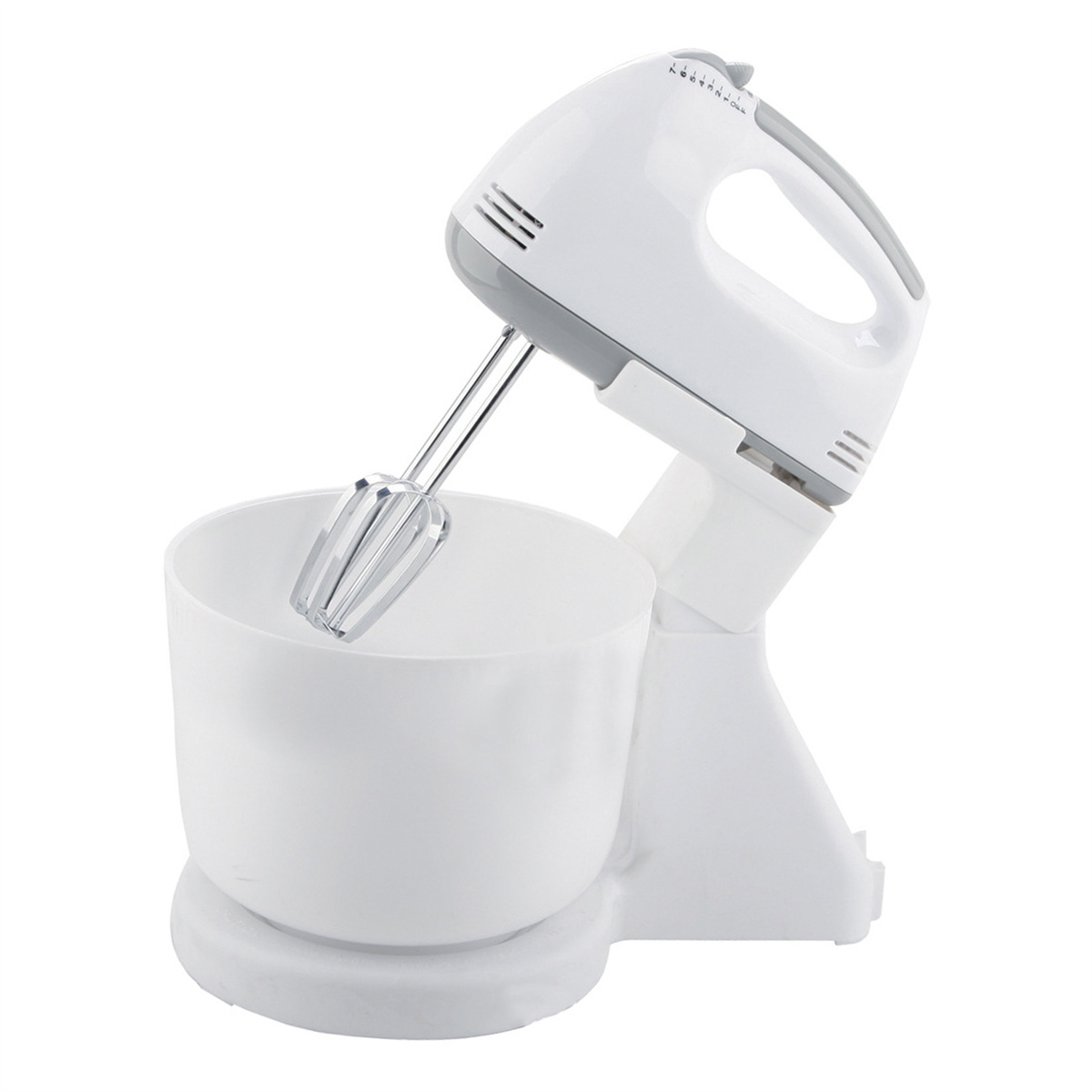 Weißer und grauer Handmixer mit einer Schüssel, zeigt den Mixer und einen Schneebesenaufsatz.