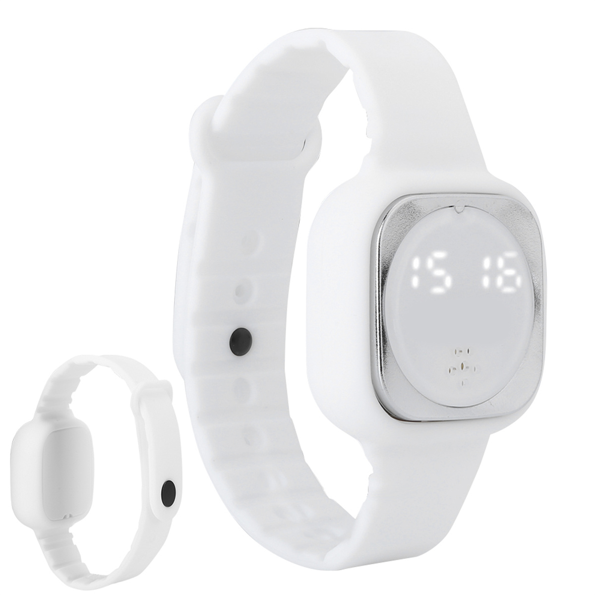 Weiße Digitaluhr mit quadratischem Zifferblatt und weißem Armband. Eine kleinere Uhr.