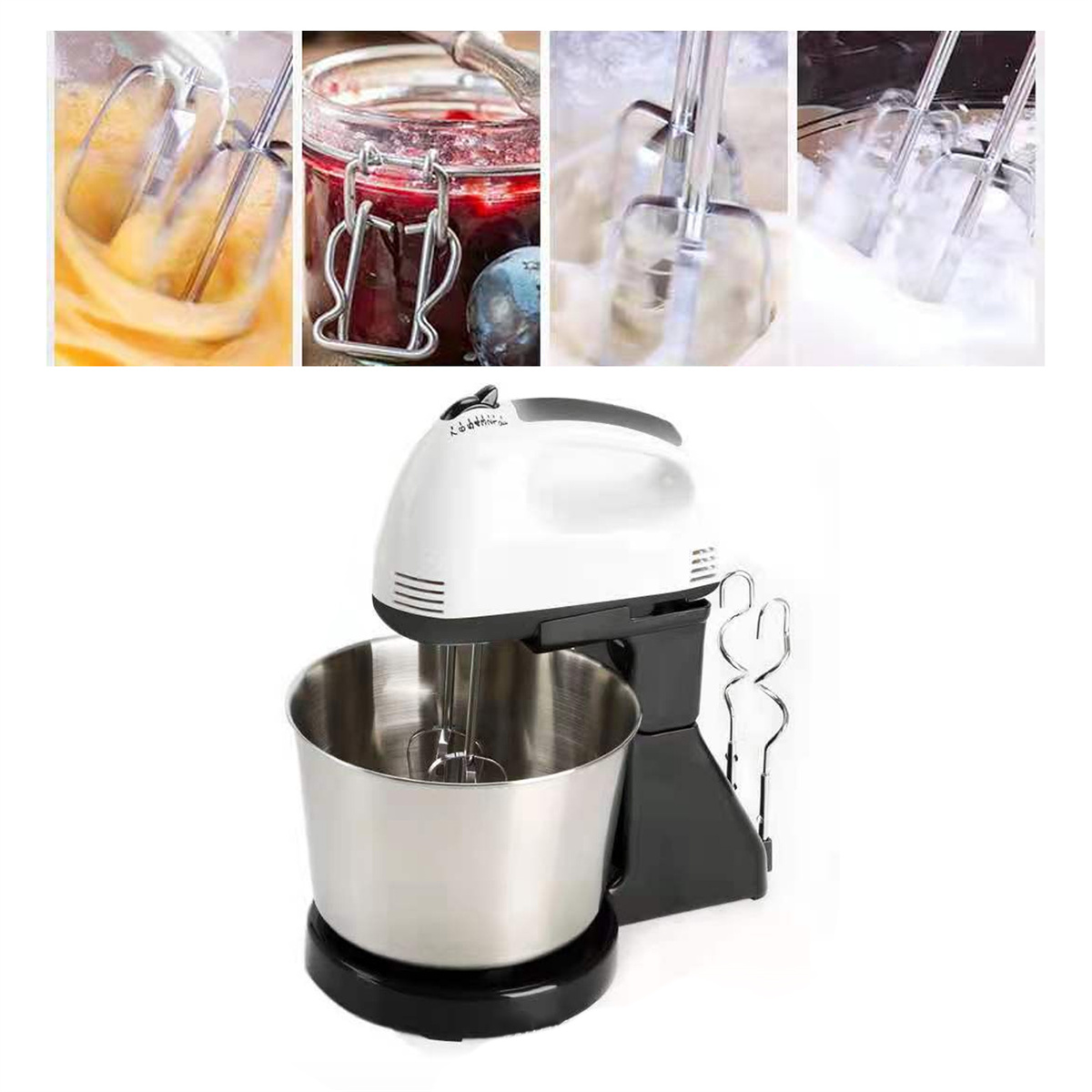 Ein weißer Küchenmixer mit einer silbernen Schüssel und mehreren Bildern, die den Mischvorgang zeigen.