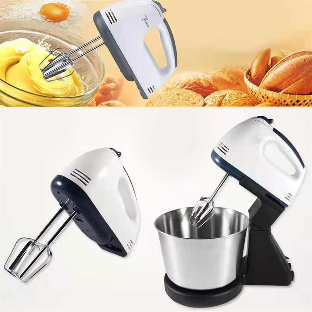 Handmixer in verschiedenen Ansichten, der Zutaten in einer Schüssel vermischt.