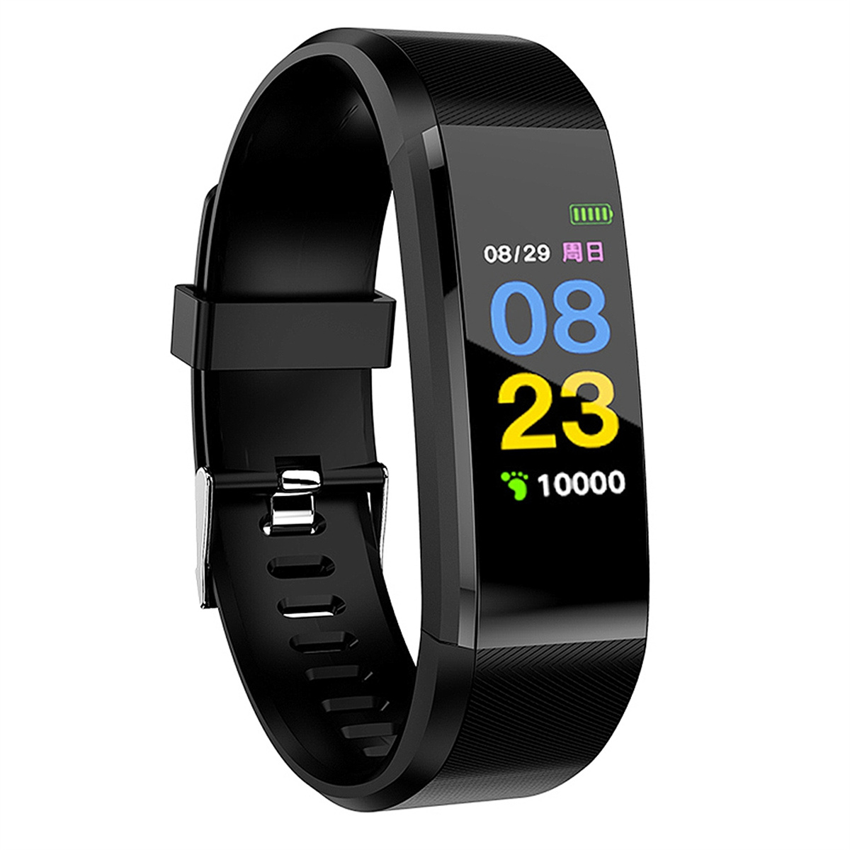 Ein schwarzer Fitness-Tracker mit digitalem Display, zeigt Datum, Uhrzeit, Schritte und Akkuanzeige.
