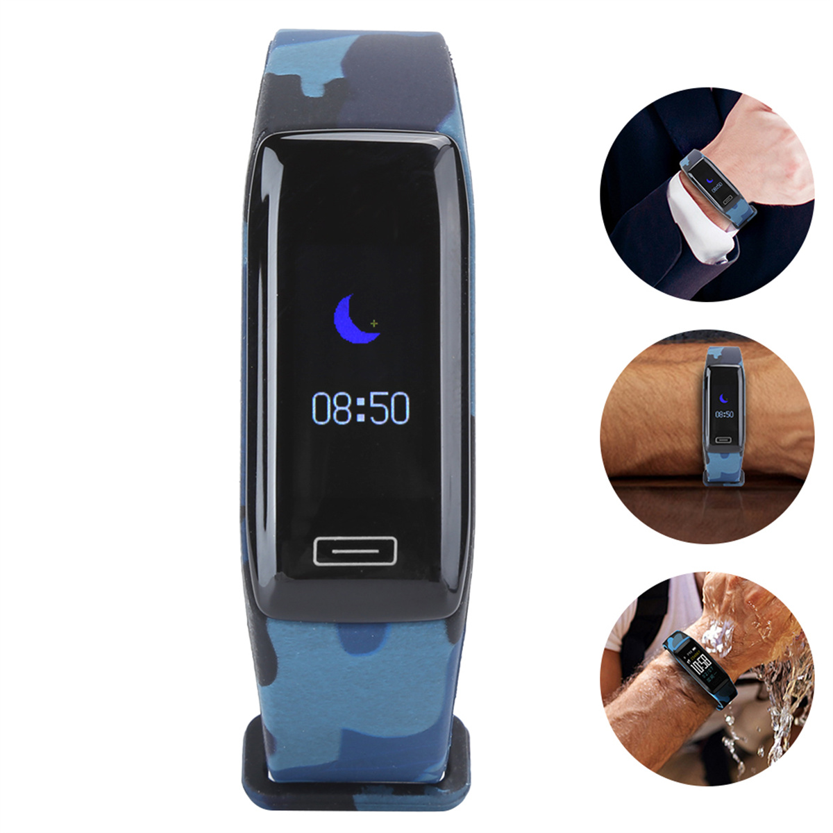 Blau-schwarzer Fitnesstracker. Das Display zeigt die Uhrzeit. Es hat drei zusätzliche Ansichten.