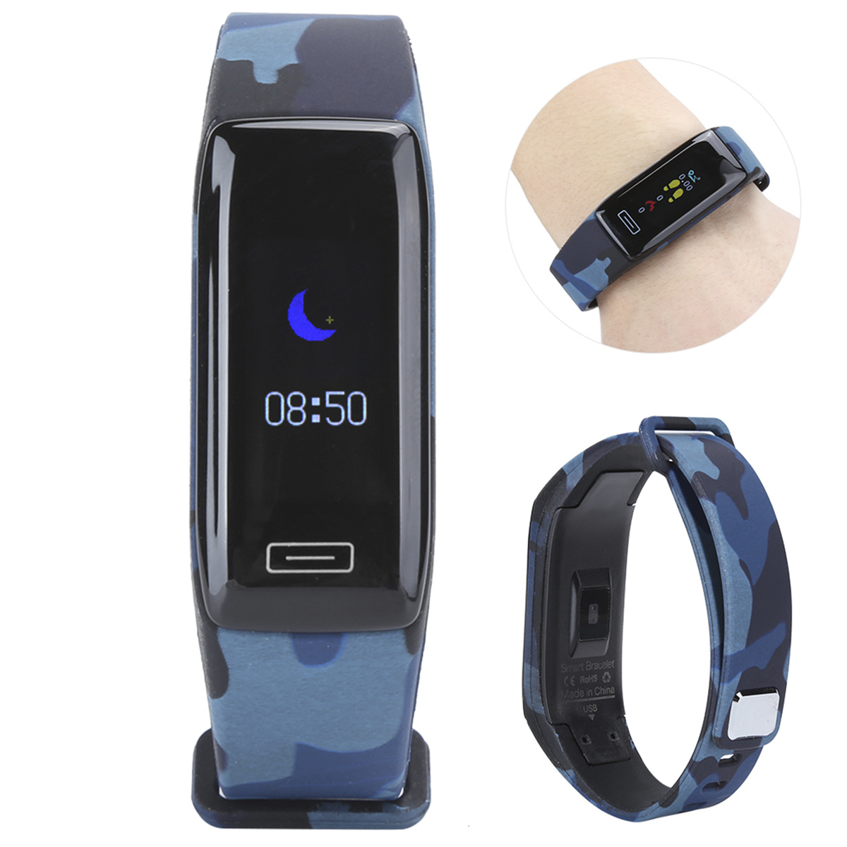Smart-Armband mit blauem Camouflage-Armband. Zeigt die Zeit auf dem Bildschirm und die Rückseite.