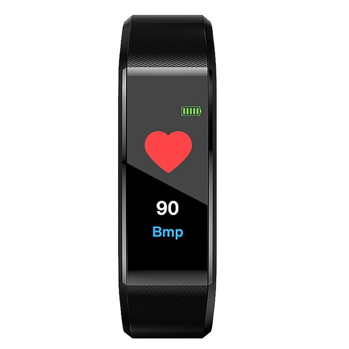 Schwarzer Fitnesstracker, der ein rotes Herz und 90 bpm auf dem Bildschirm anzeigt.