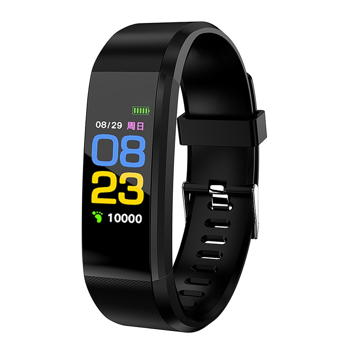 Ein schwarzer Fitnesstracker zeigt Uhrzeit, Schritte, Akkulaufzeit und Datum an.