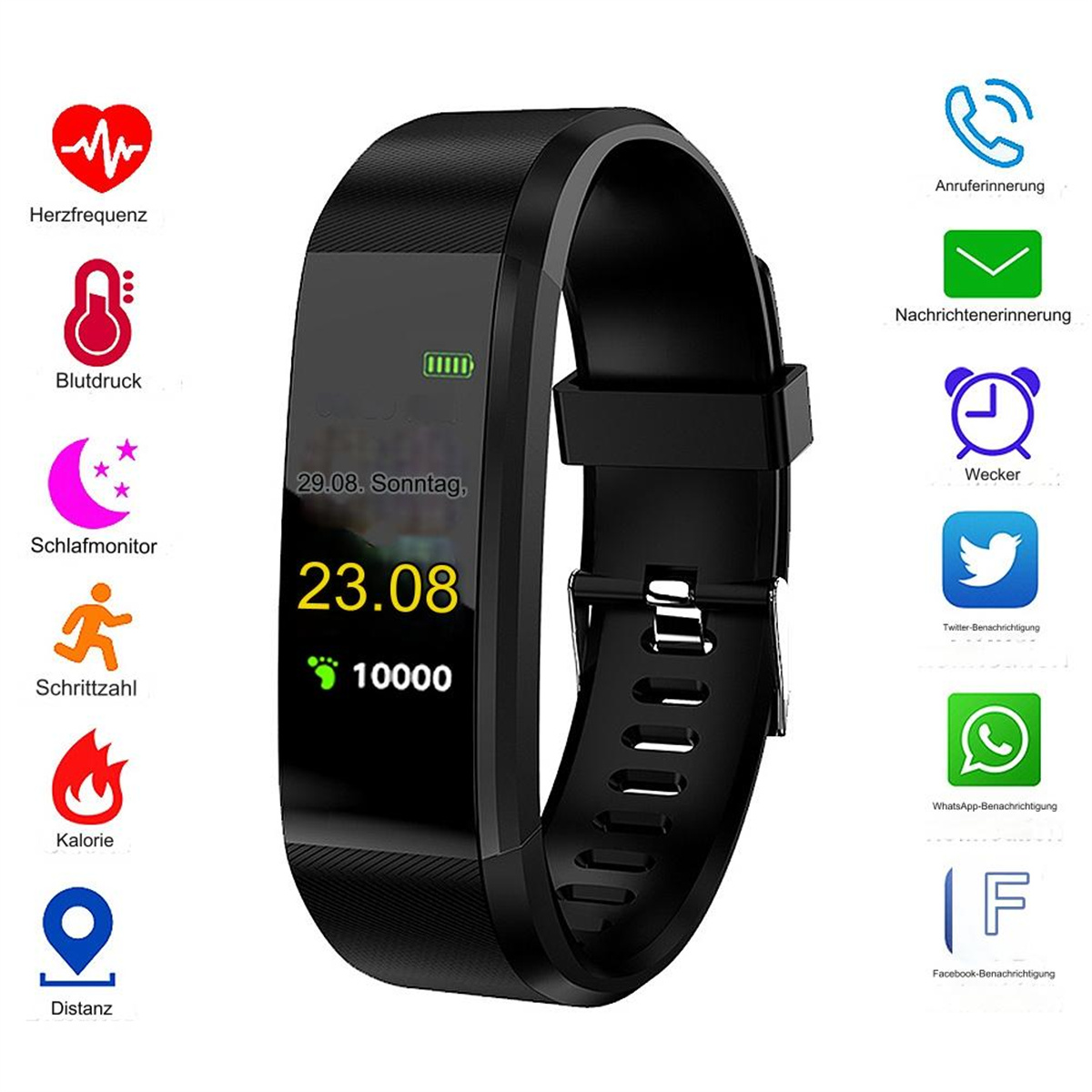 Schwarzer Fitnesstracker mit Datum, Uhrzeit und Schritten. Symbole für Herzfrequenz, Blutdruck und Benachrichtigungen.