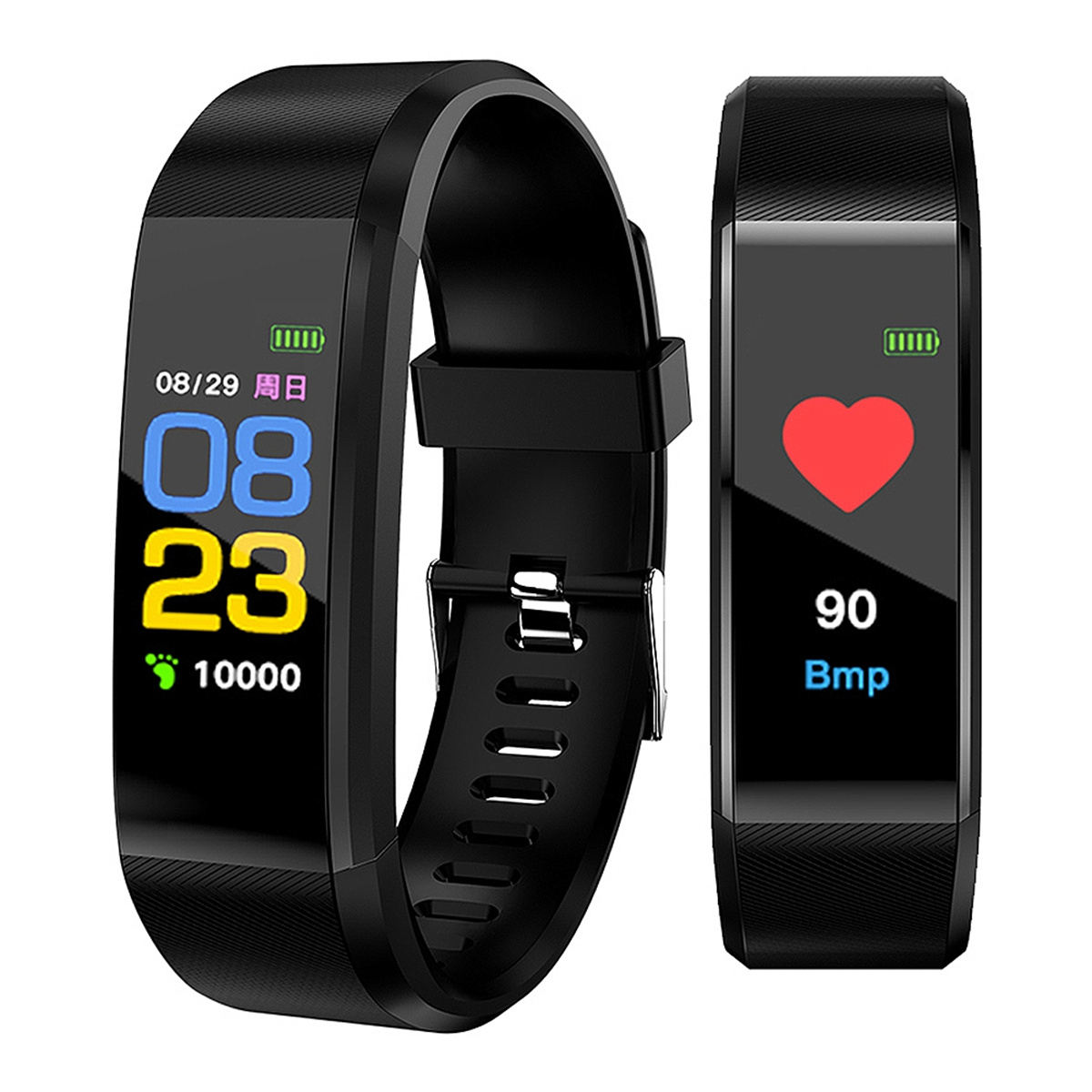 Zwei schwarze Smartwatches. Eine zeigt Datum und Schritte, die andere die Herzfrequenz.