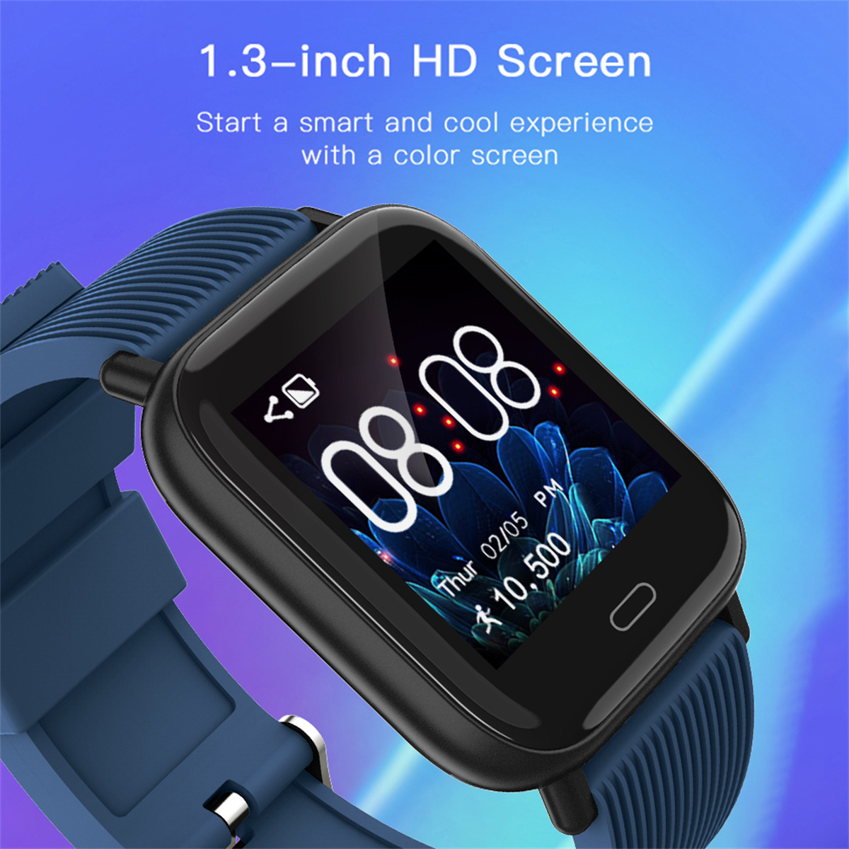 Blaue Smartwatch mit schwarzem Bildschirm, der Zeit und Daten anzeigt, mit blauem Armband. Hintergrund unscharf.
