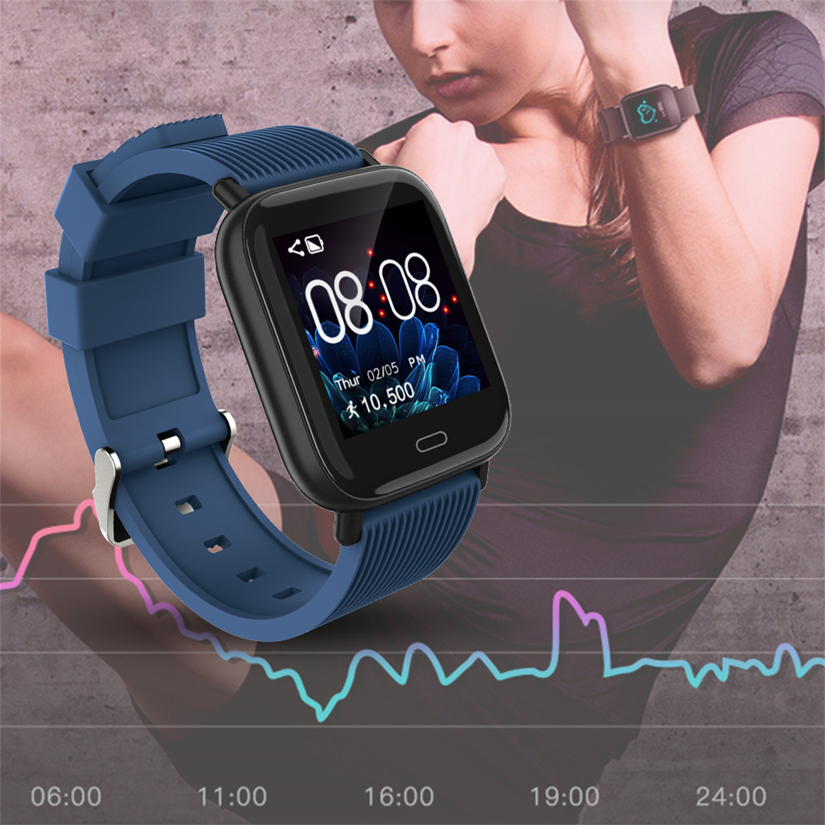 Eine Smartwatch am Handgelenk, die Zeit und Daten mit einem Diagramm unten anzeigt.