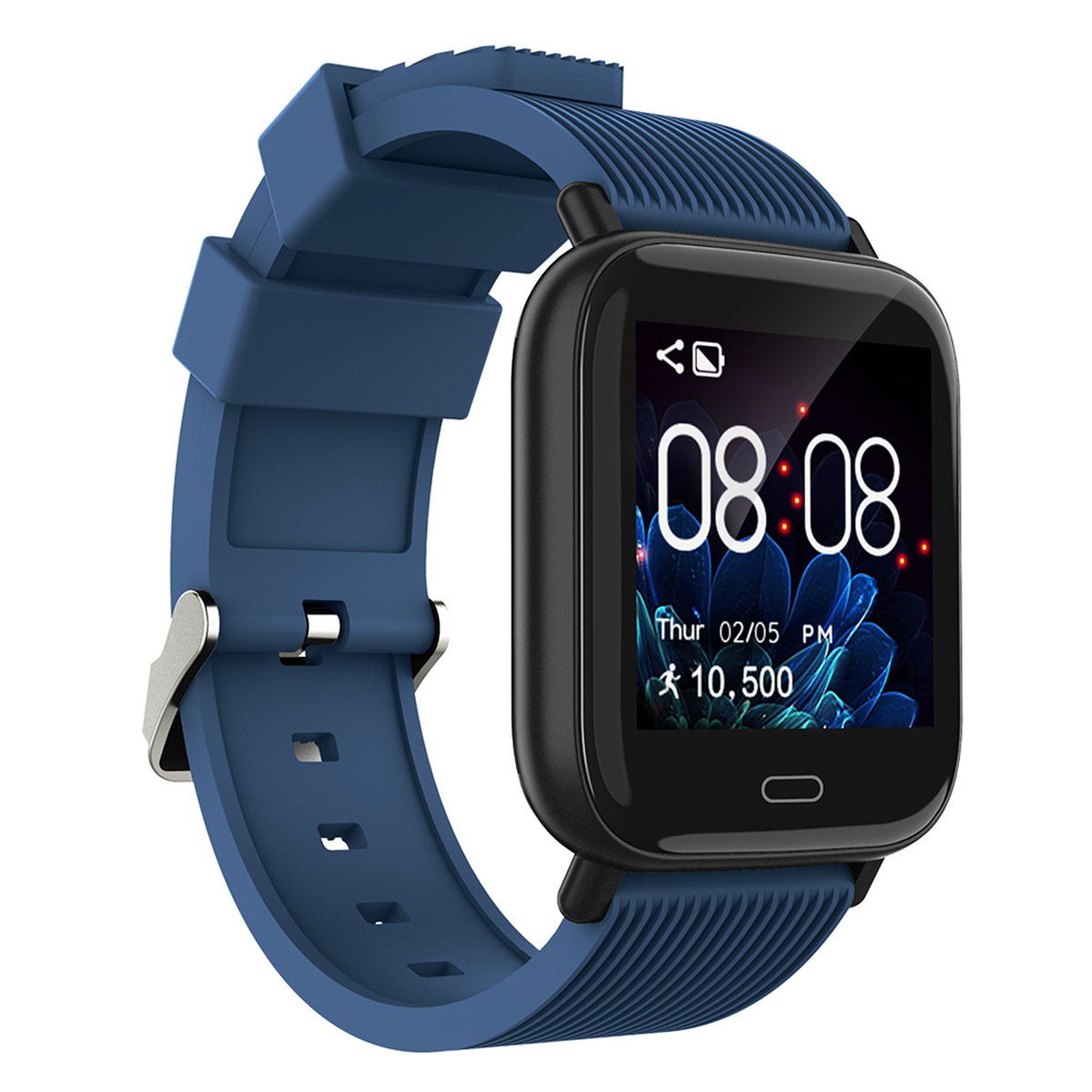 Eine blaue Smartwatch mit einem schwarzen Bildschirm, der Zeit und Schritte anzeigt, an einem blauen Armband.