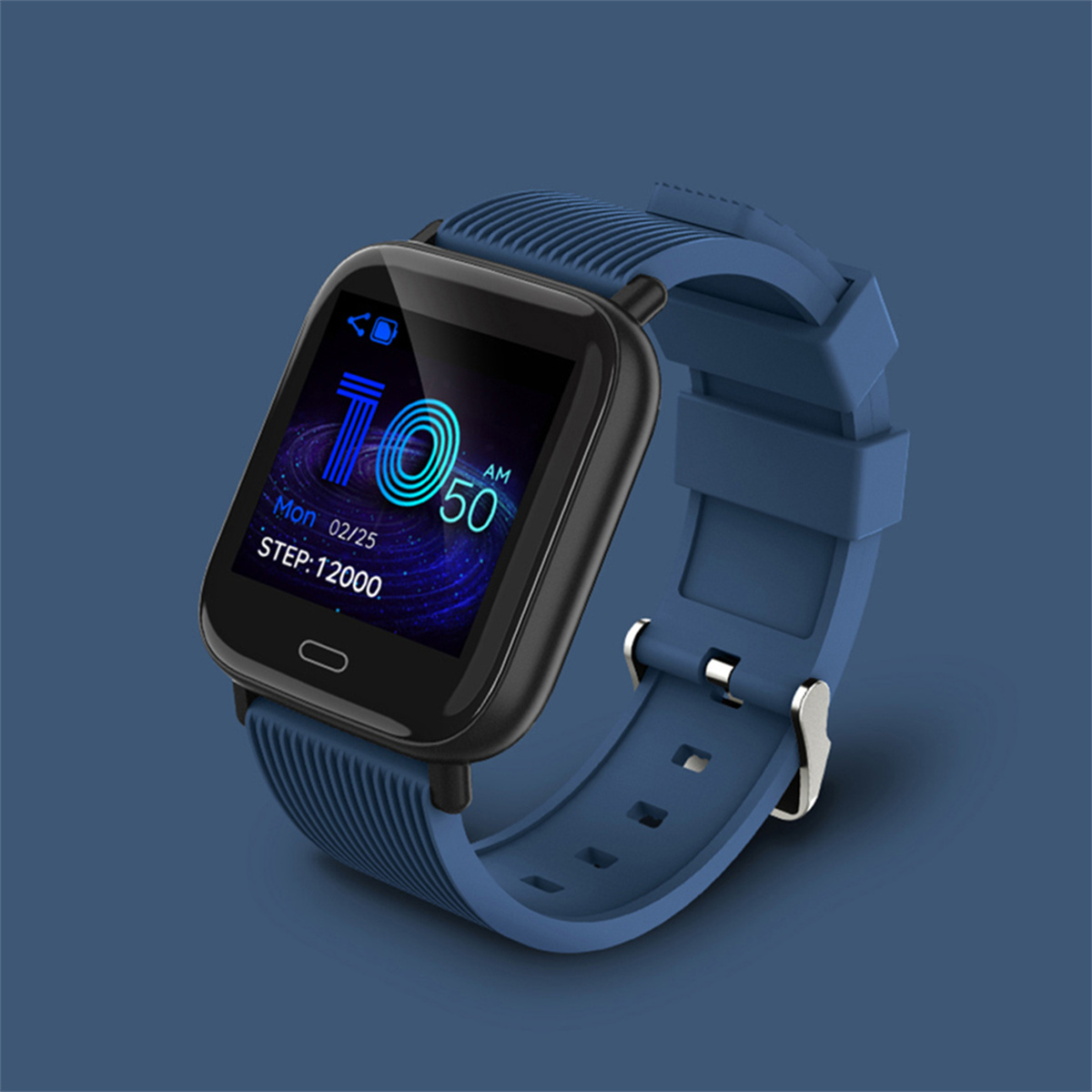 Blaue Smartwatch mit Zeit, Datum und Schritten. Schwarzer Bildschirm und blaues Armband.