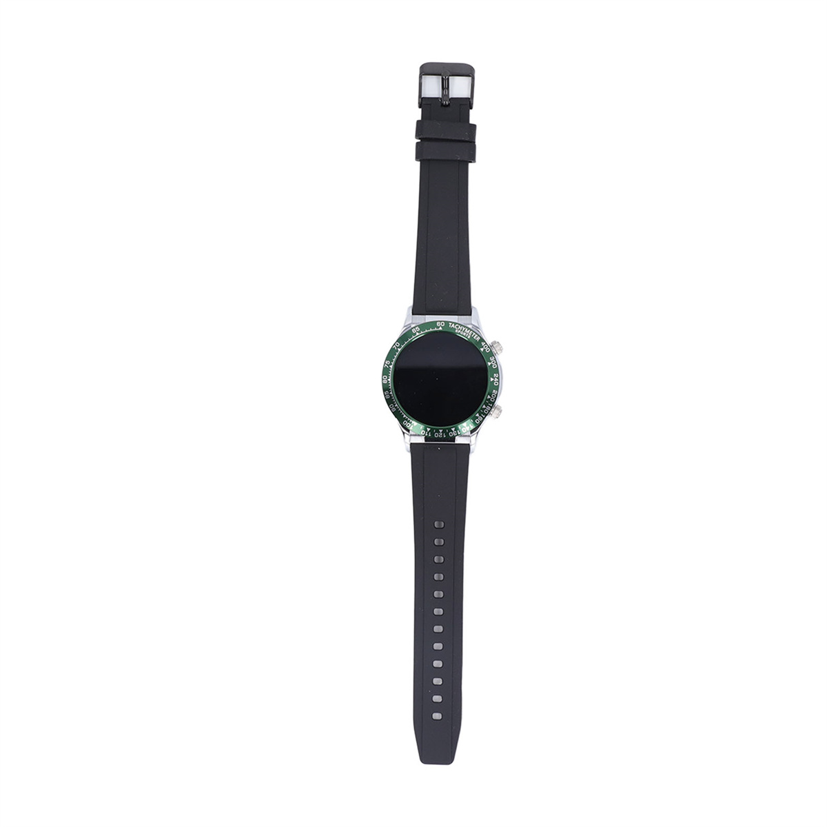 Eine schwarze Smartwatch mit grünem Ring um den Bildschirm und schwarzem Armband, vor weißem Hintergrund.