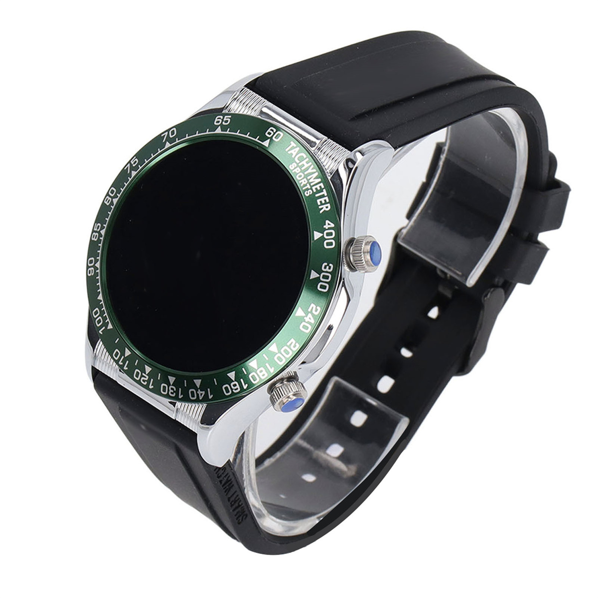 Schwarze und silberne Smartwatch mit grüner Lünette. Es hat ein schwarzes Armband.