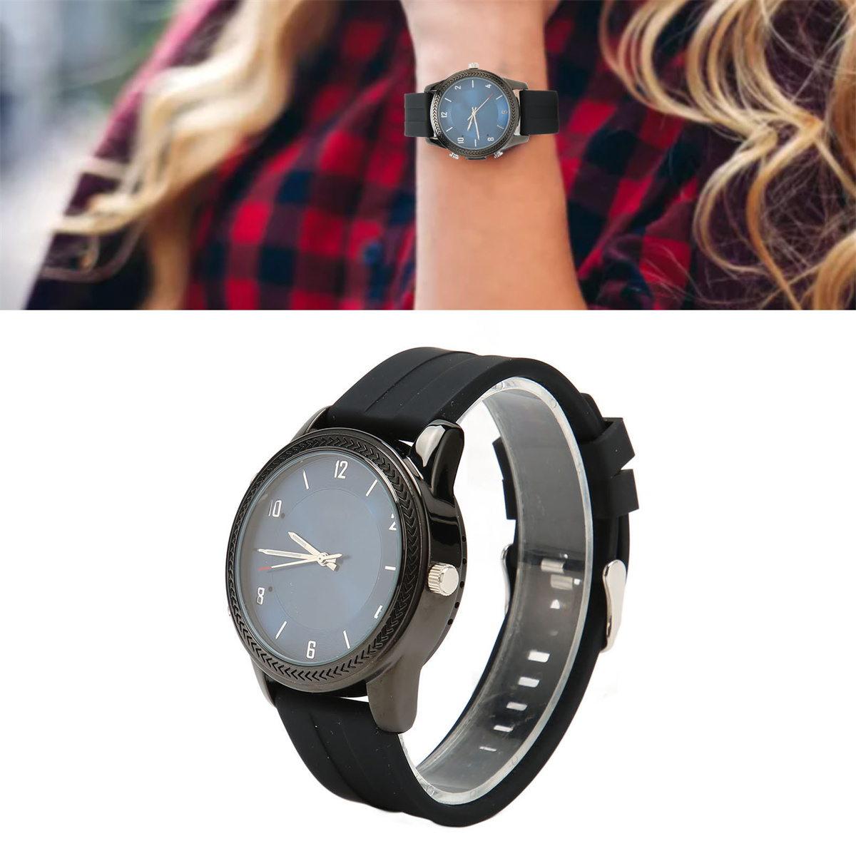Nahaufnahme einer roten Smartwatch mit goldfarbenem Rahmen und schwarzem Bildschirm.