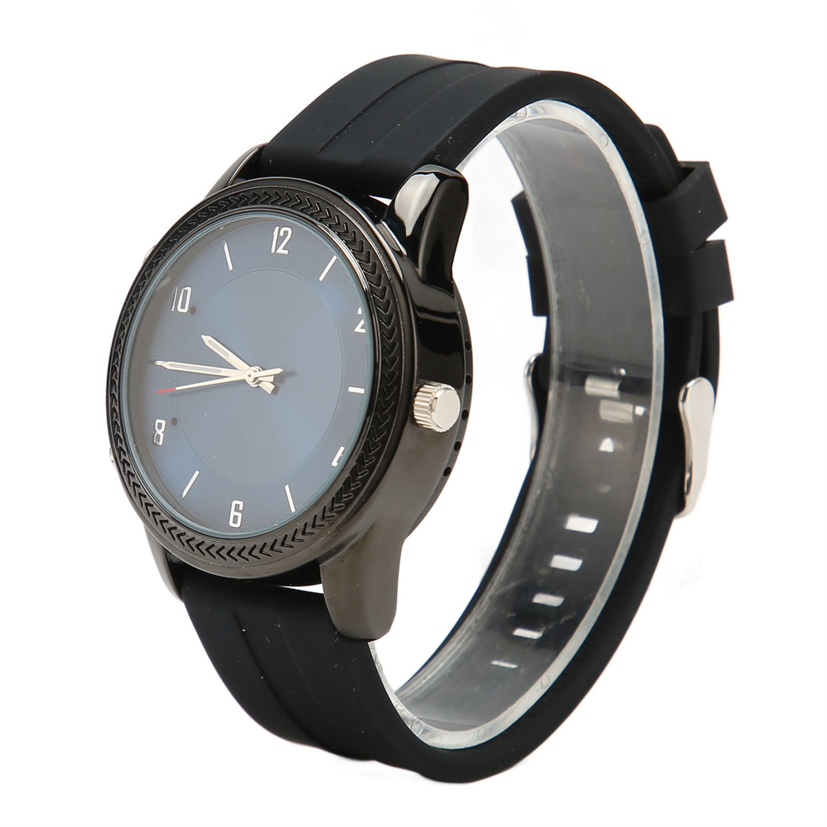 Schwarze Uhr mit schwarzem Armband, weißer Hintergrund.