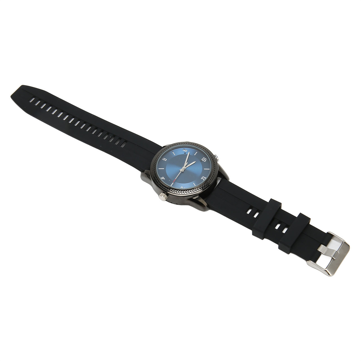 Eine schwarze Armbanduhr mit blauem Zifferblatt und schwarzem Armband wird auf weißem Hintergrund gezeigt.