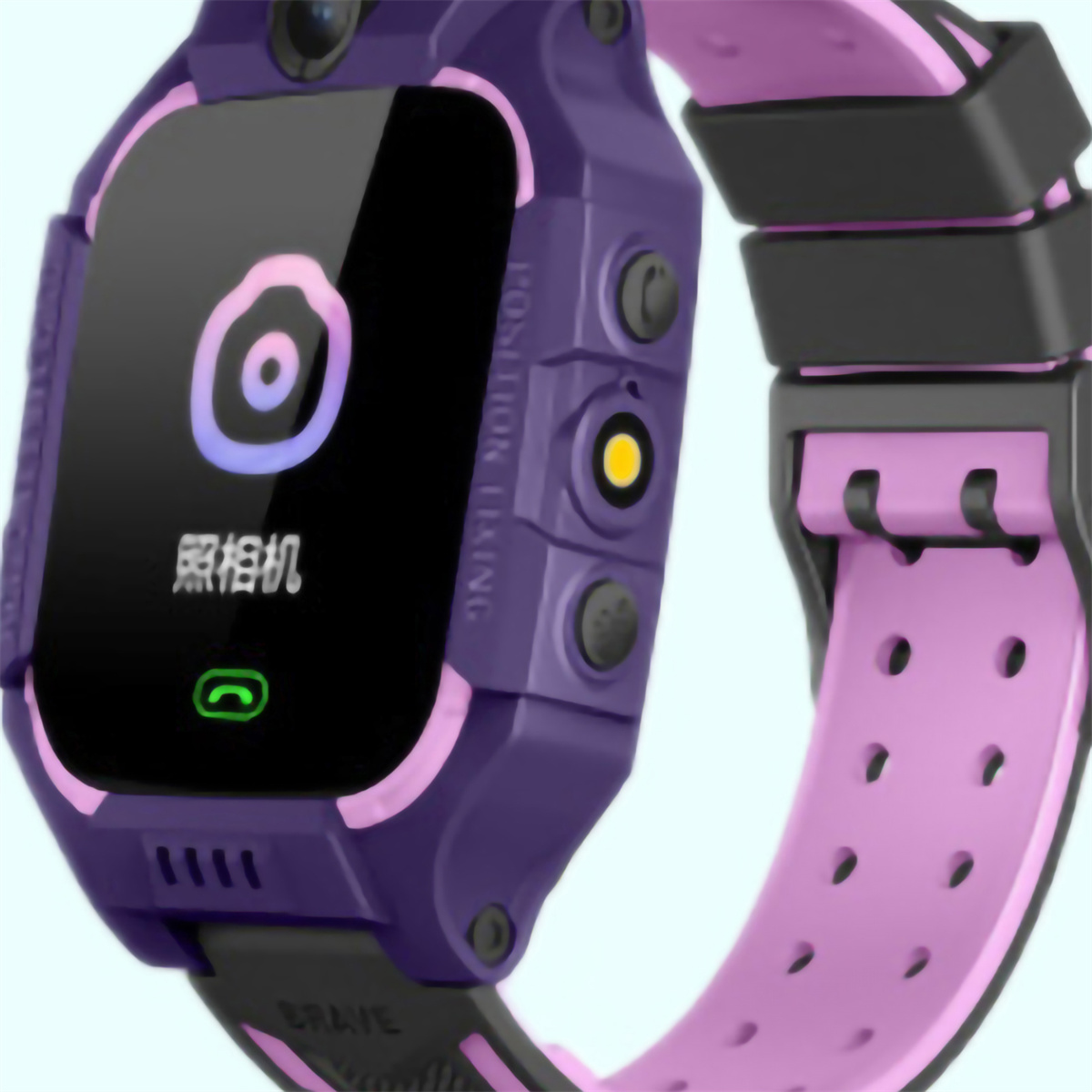 Lila und pinke Kinder-Smartwatch mit Touchscreen, Knöpfen und pinkfarbenem Armband.